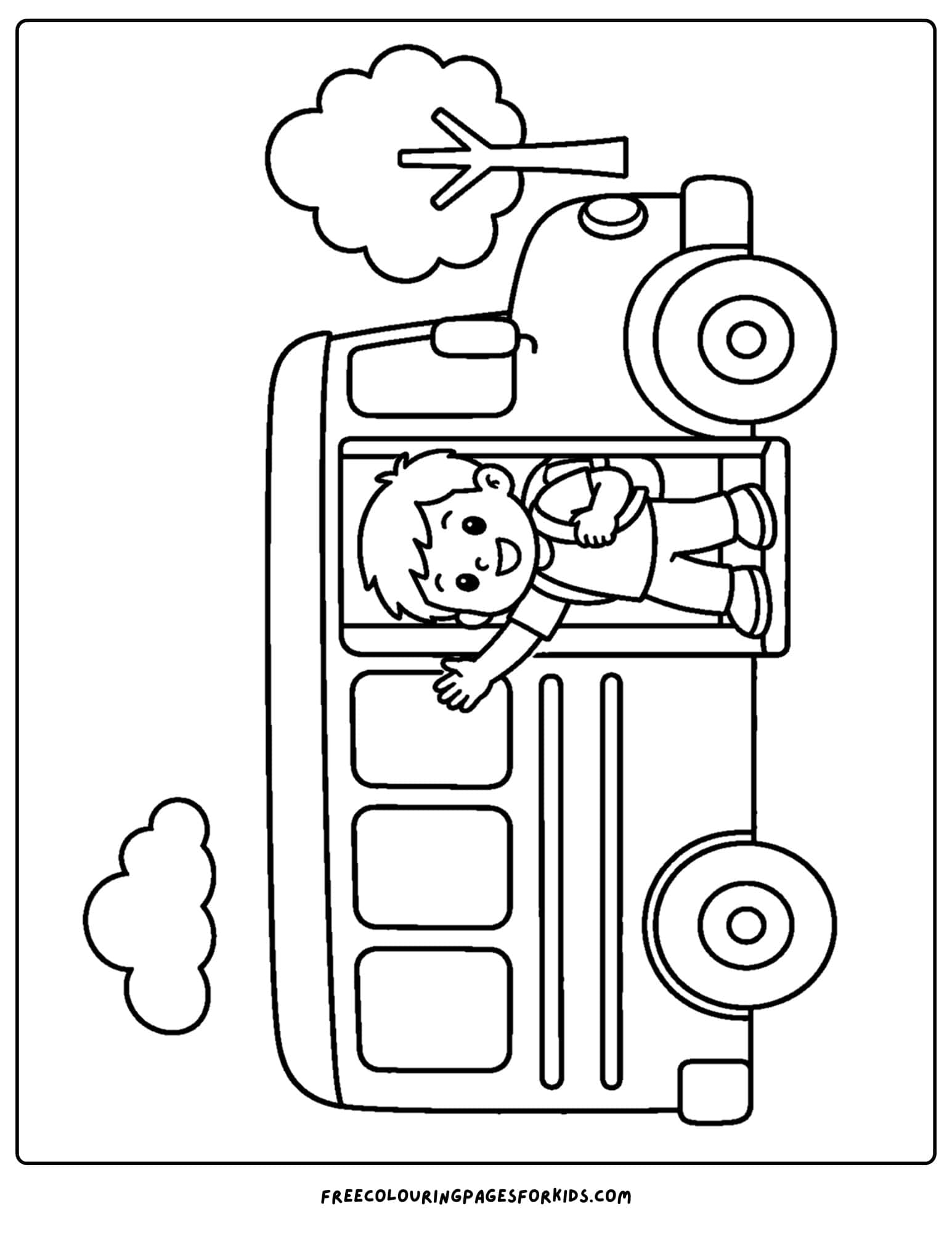 a back to school coloring page showing a child waving from the door of a school bus