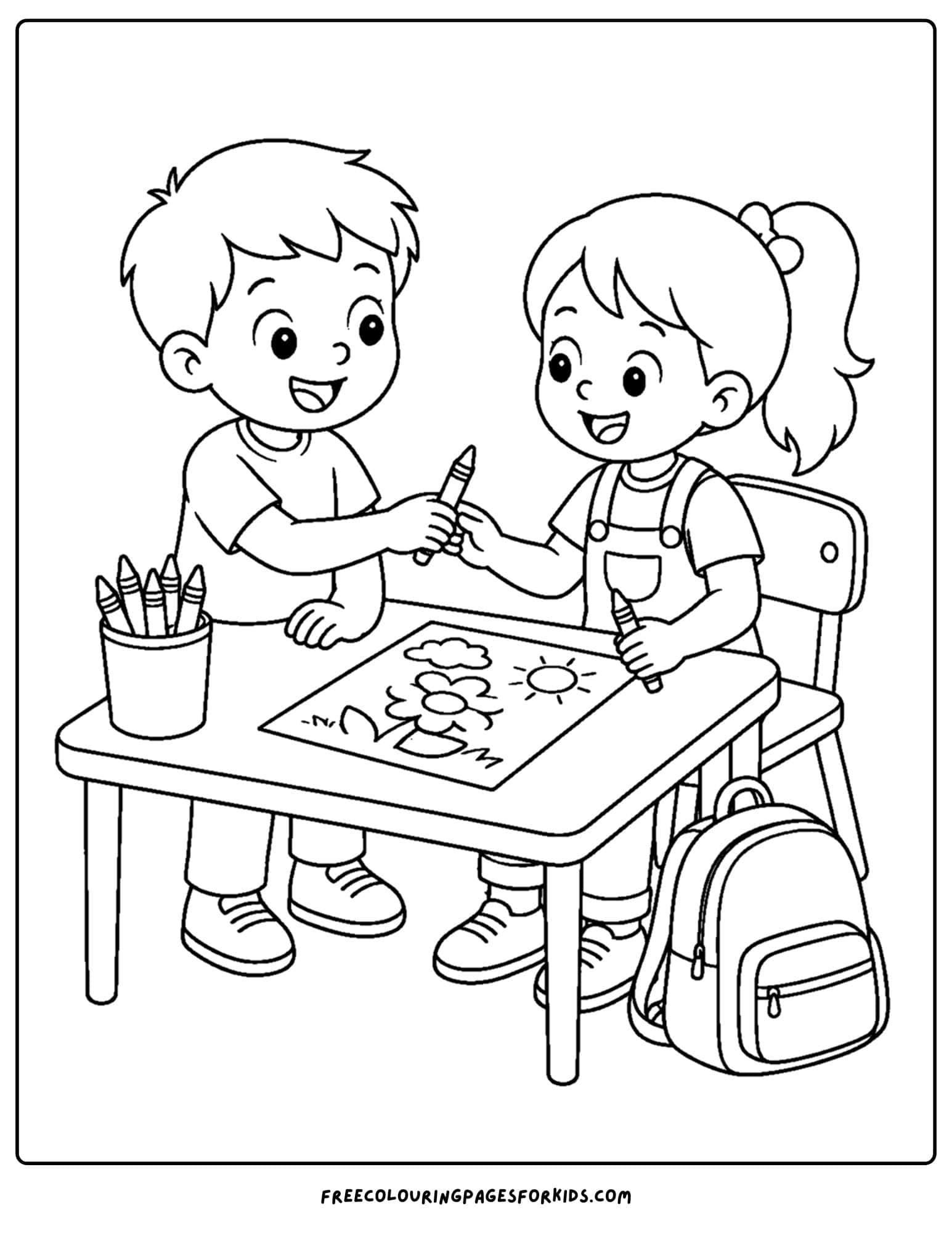 a back to school coloring page showing kids sharing crayons together at a table