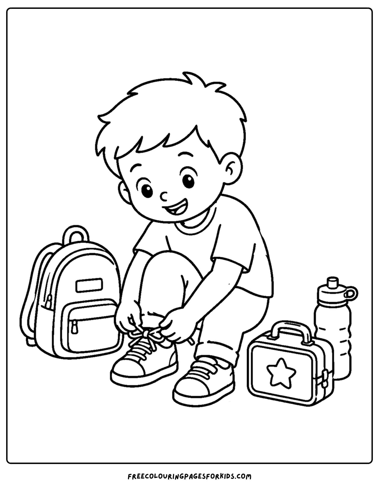 a back to school coloring page showing a child doing up their shoes to go to school