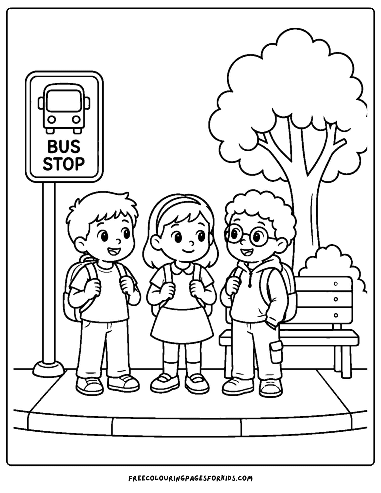 a back to school coloring page showing kids waiting at a bus top to go to school