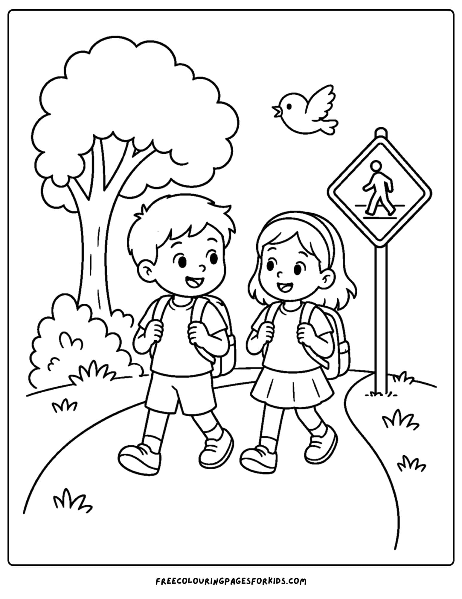 a back to school coloring page showing two children walking to school along a footpath