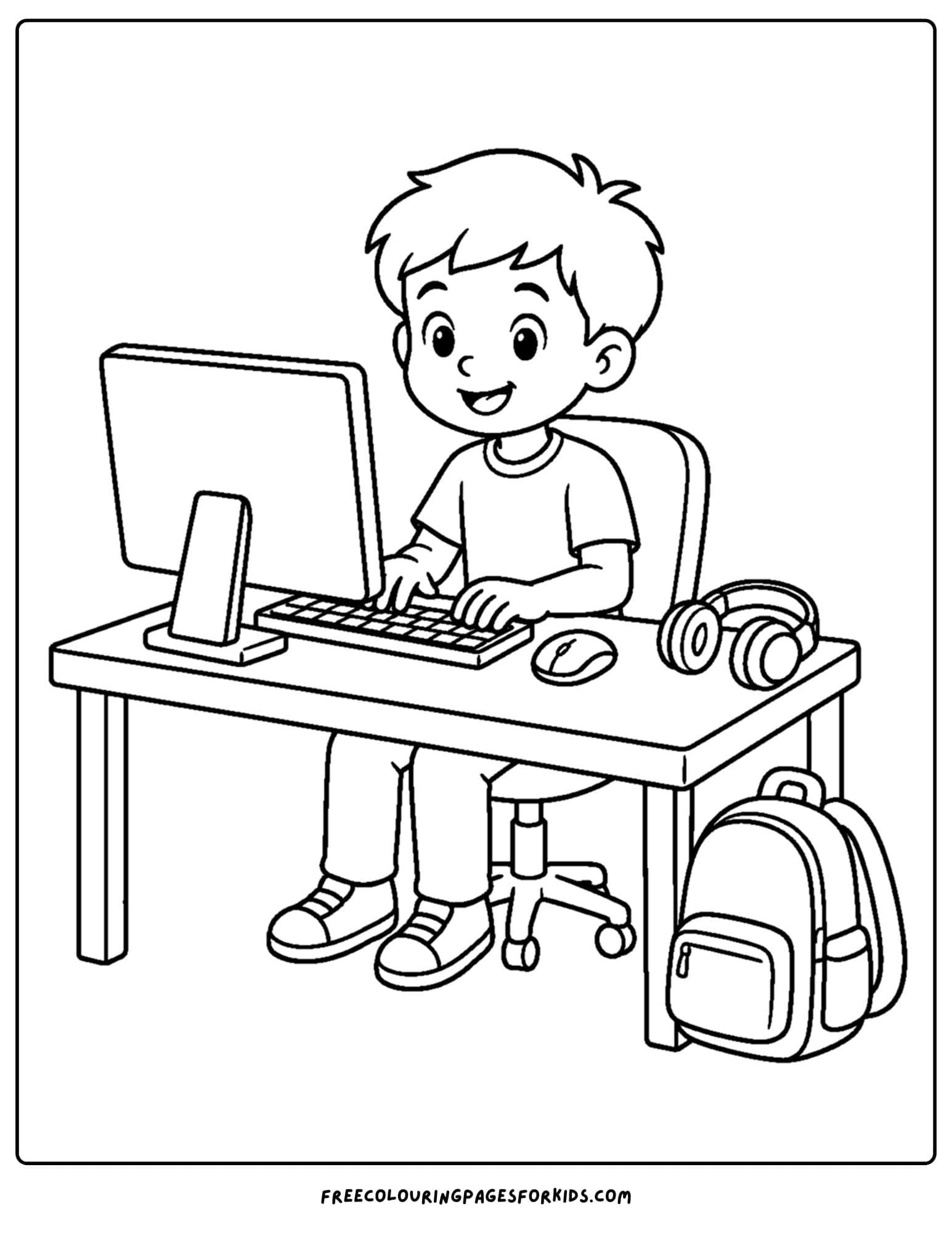 a back to school coloring page showing a child sitting at a desk working on a computer