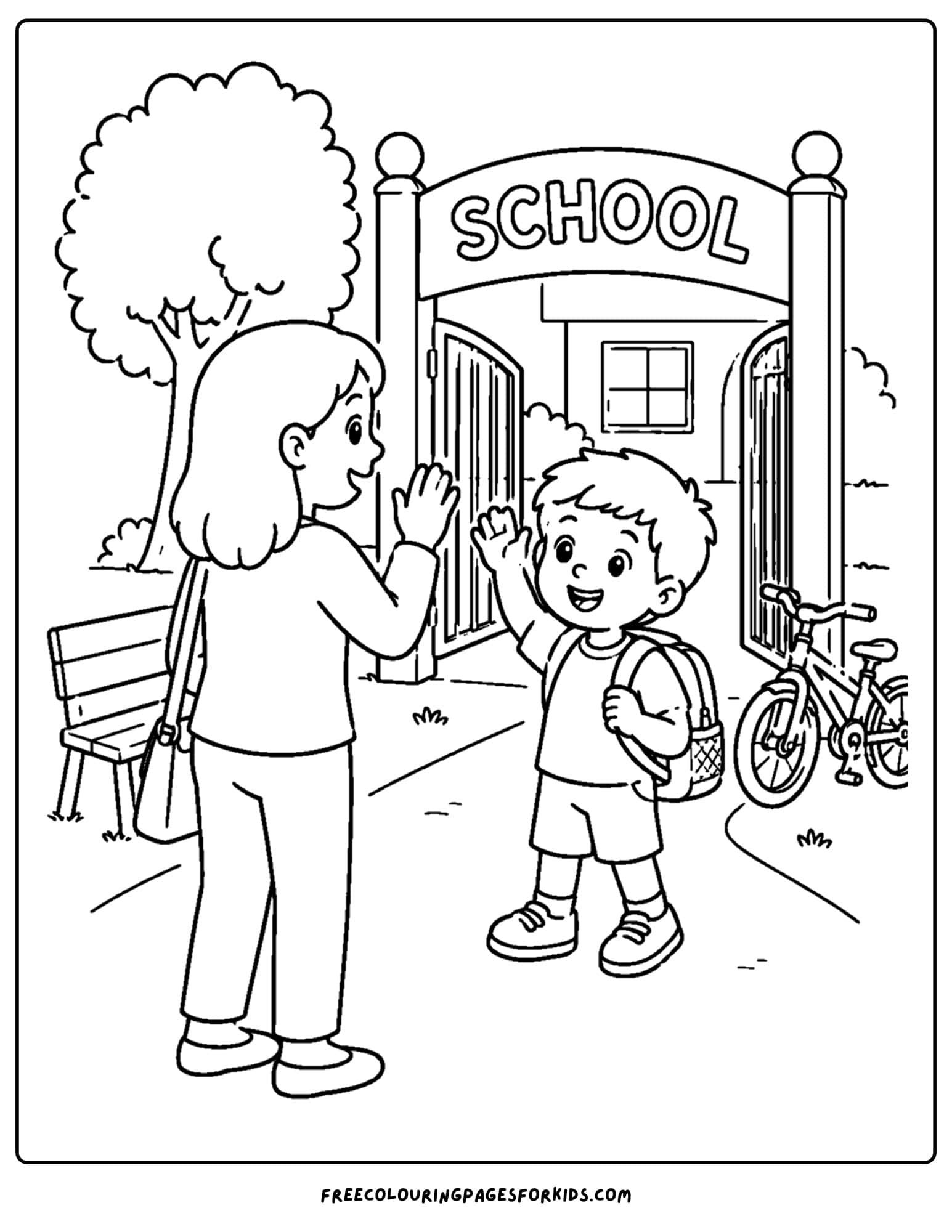 a back to school coloring page showing a student waving goodbye to their parent at the school gates