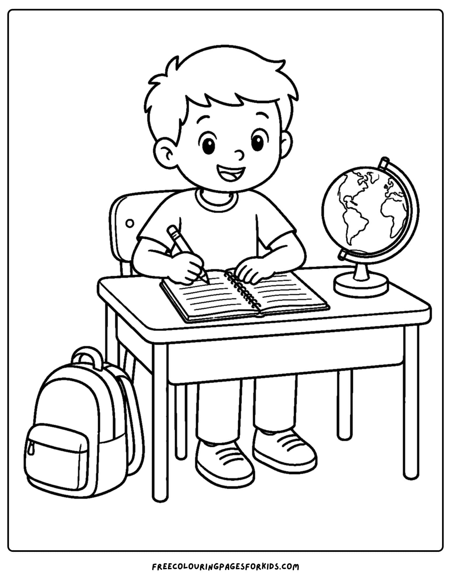 a back to school coloring page showing a child sitting at a desk working with a world globe on their desk