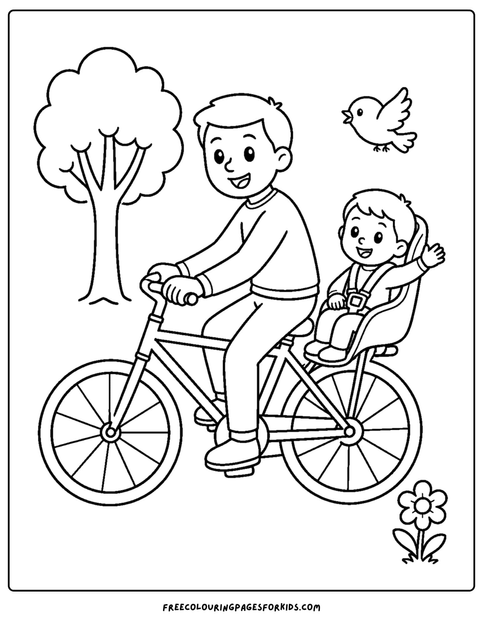 a bicycle coloring page showing a parent riding with a baby carrier on the back of the bike