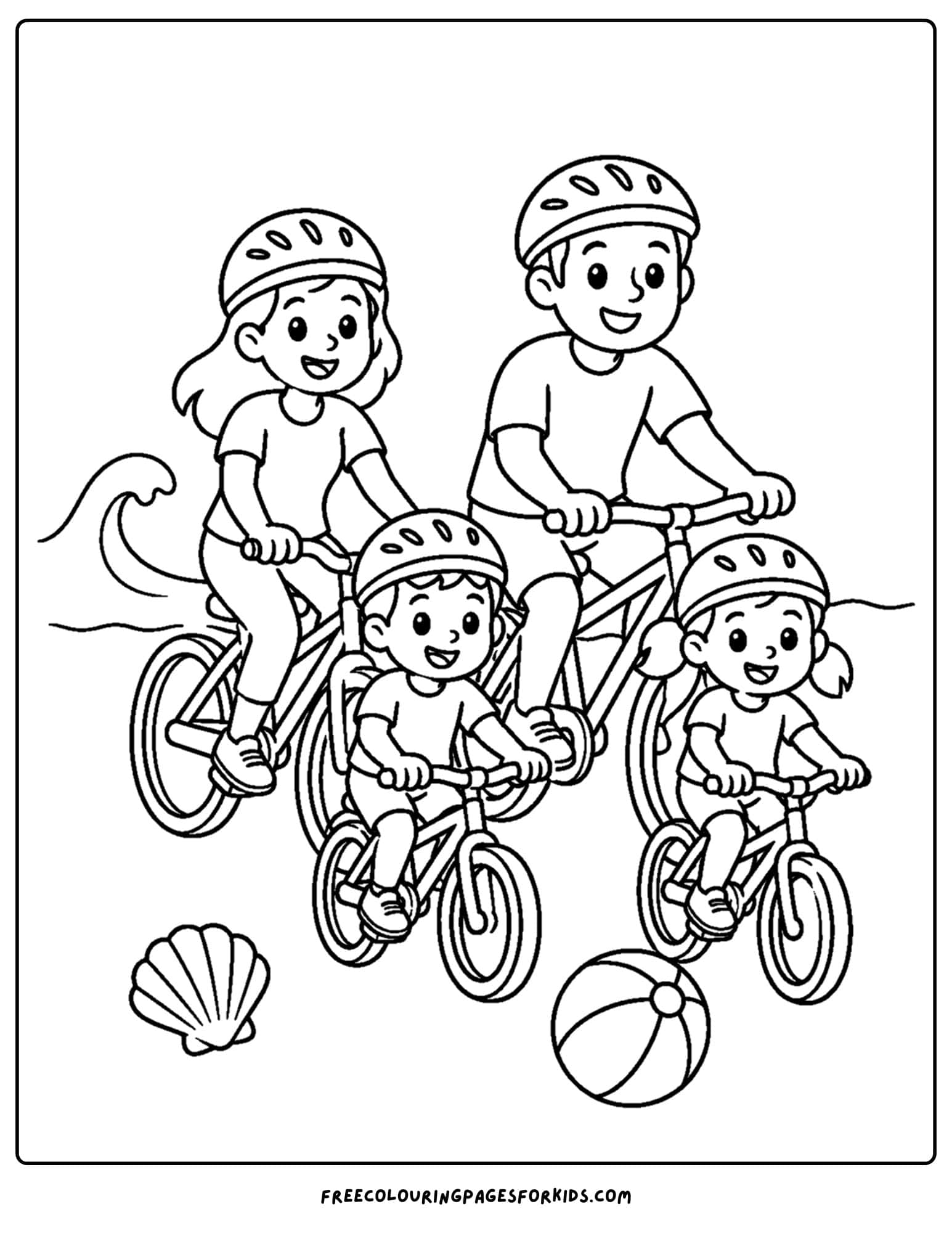 a bicycle coloring page showing a family riding their bikes at the beach