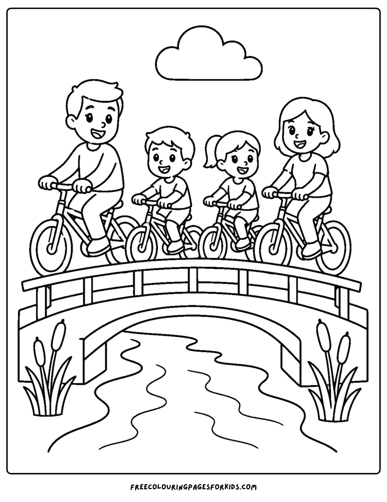 a bicycle coloring page showing a family riding over a bridge