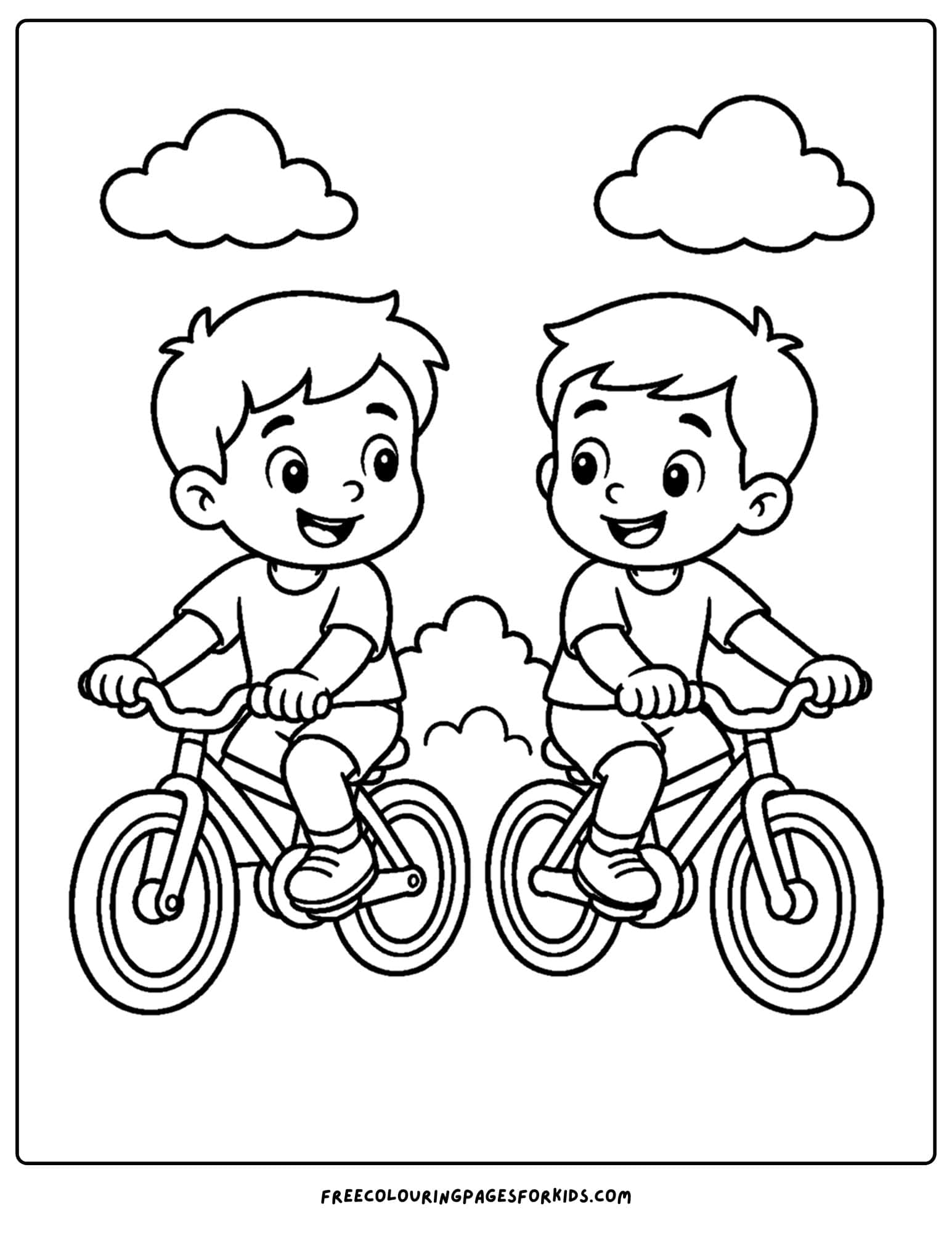 a bicycle coloring page showing a two brothers riding their bikes together