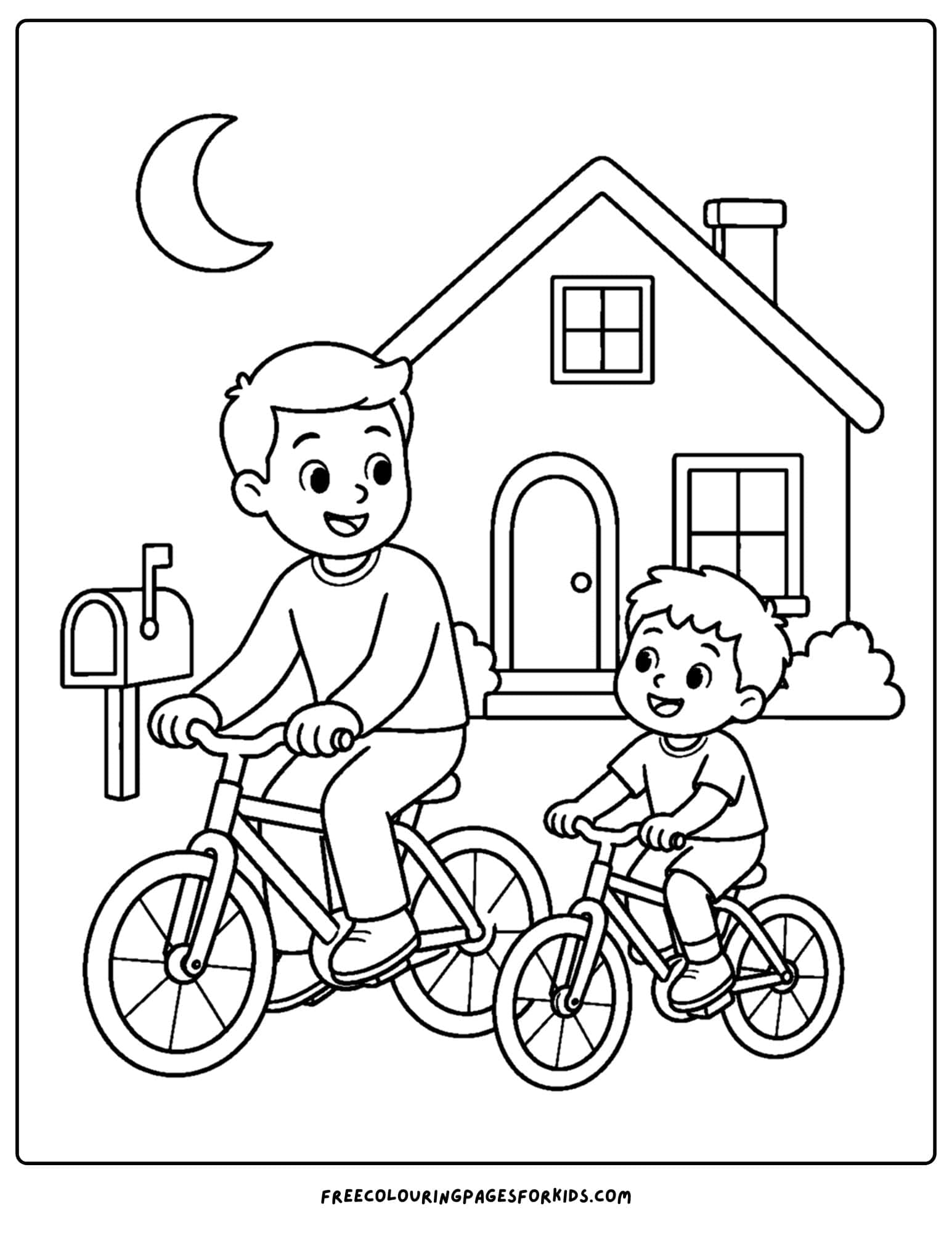 a bicycle coloring page showing a parent and child riding at night time