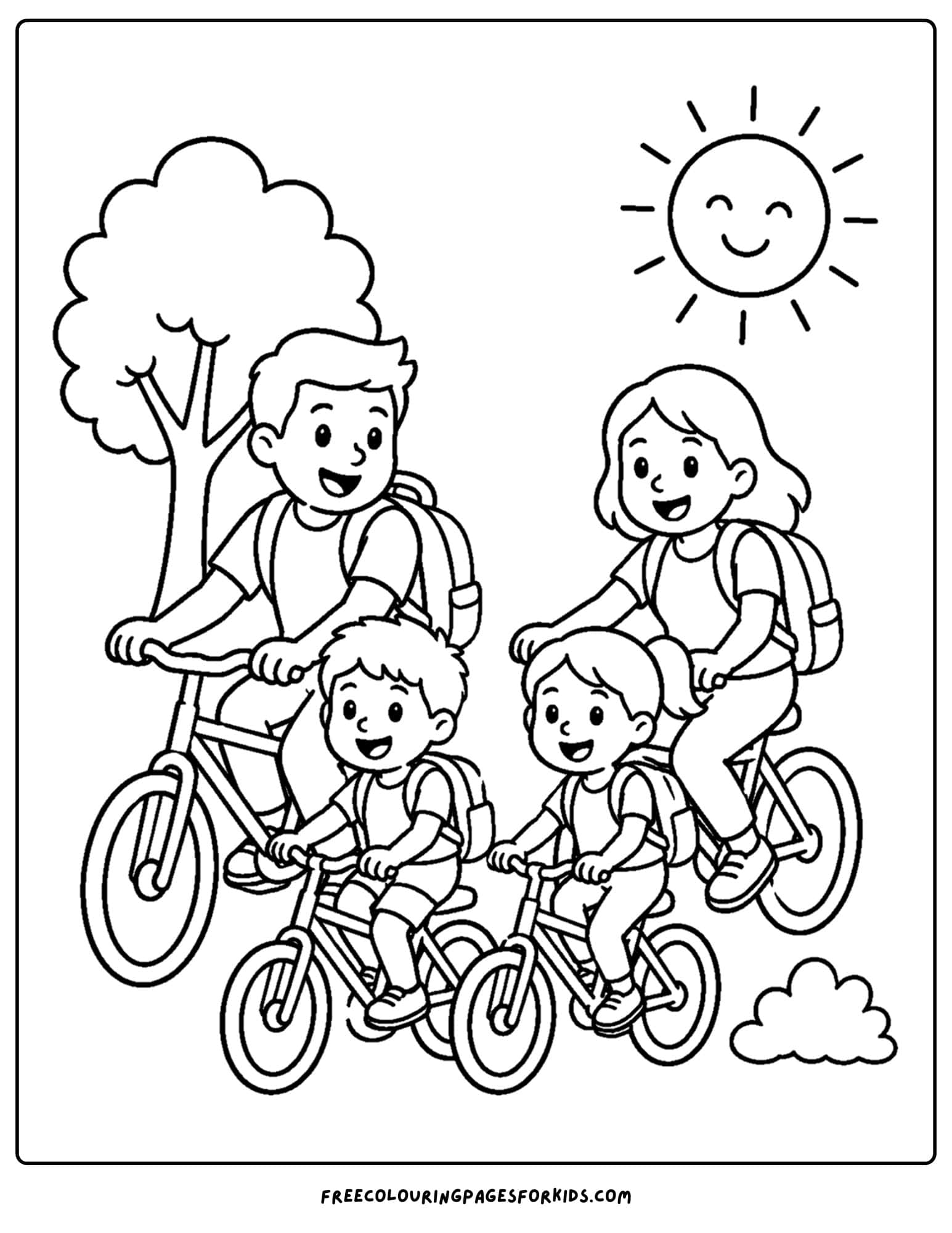 a bicycle coloring page showing a family riding with backpacks on