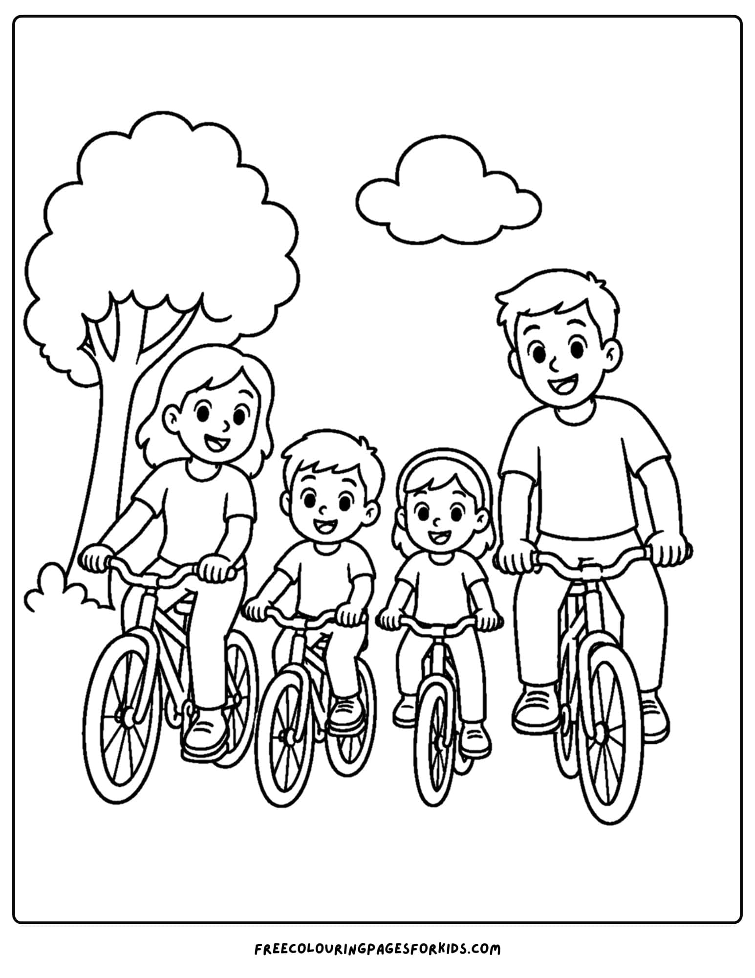 a bicycle coloring page showing a family together on their bikes
