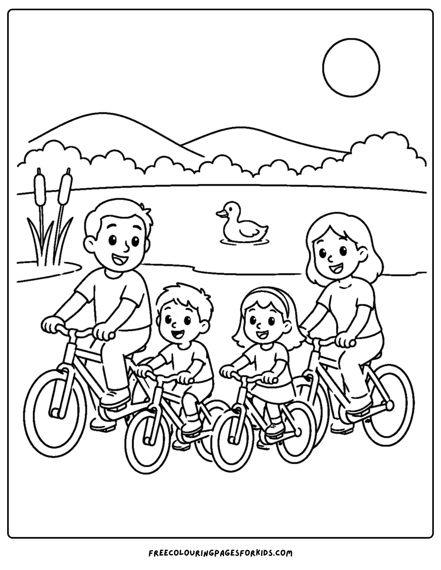 a bicycle coloring page showing a family riding around a lake