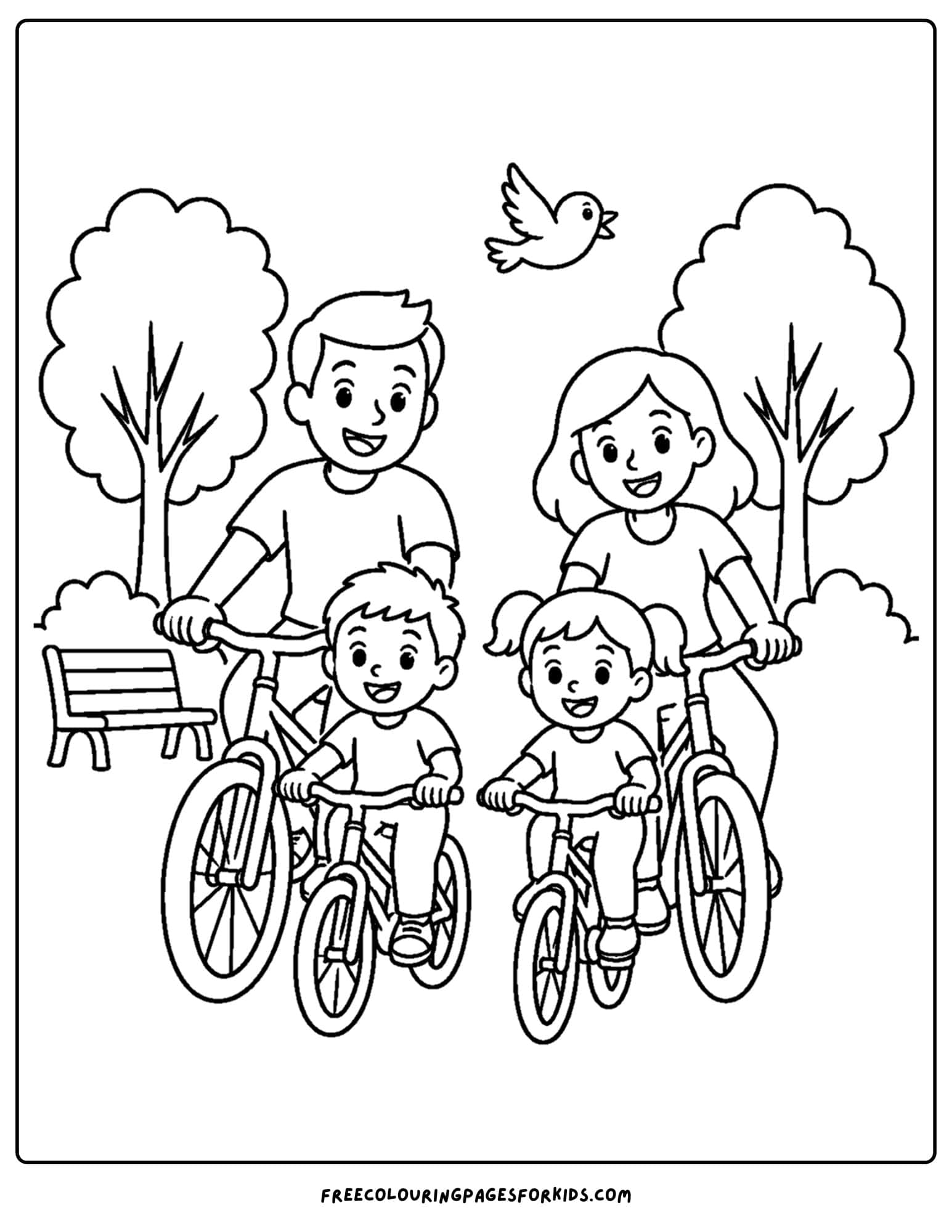 a bicycle coloring page showing a family riding their bikes in the park