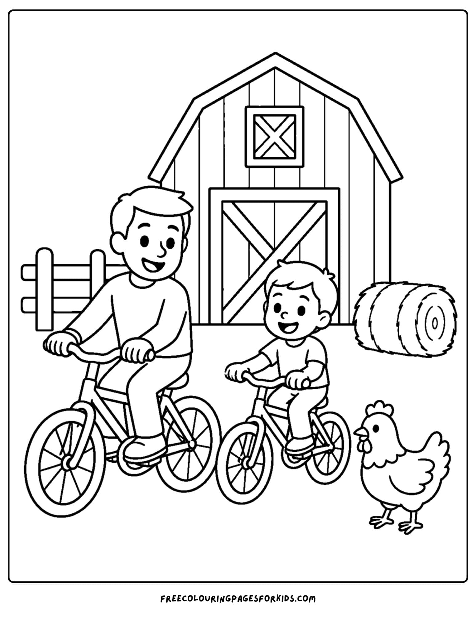 a bicycle coloring page showing a parent and child on their bike at the farm