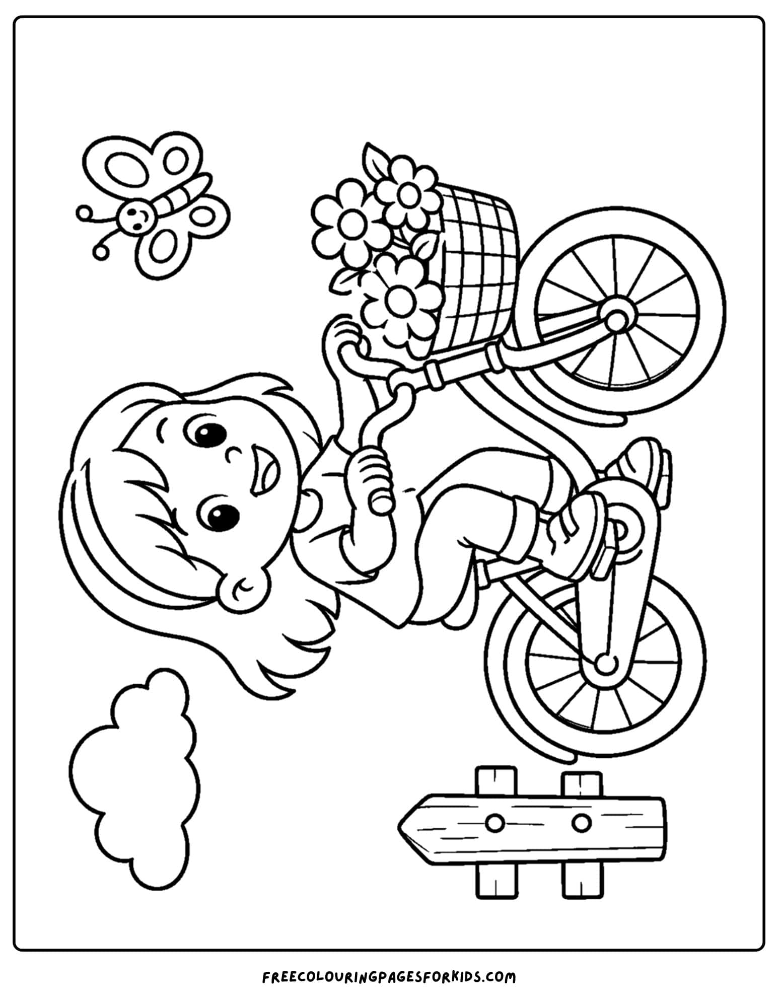 a bicycle coloring page showing a girl riding her bike with flowers in the bike basket