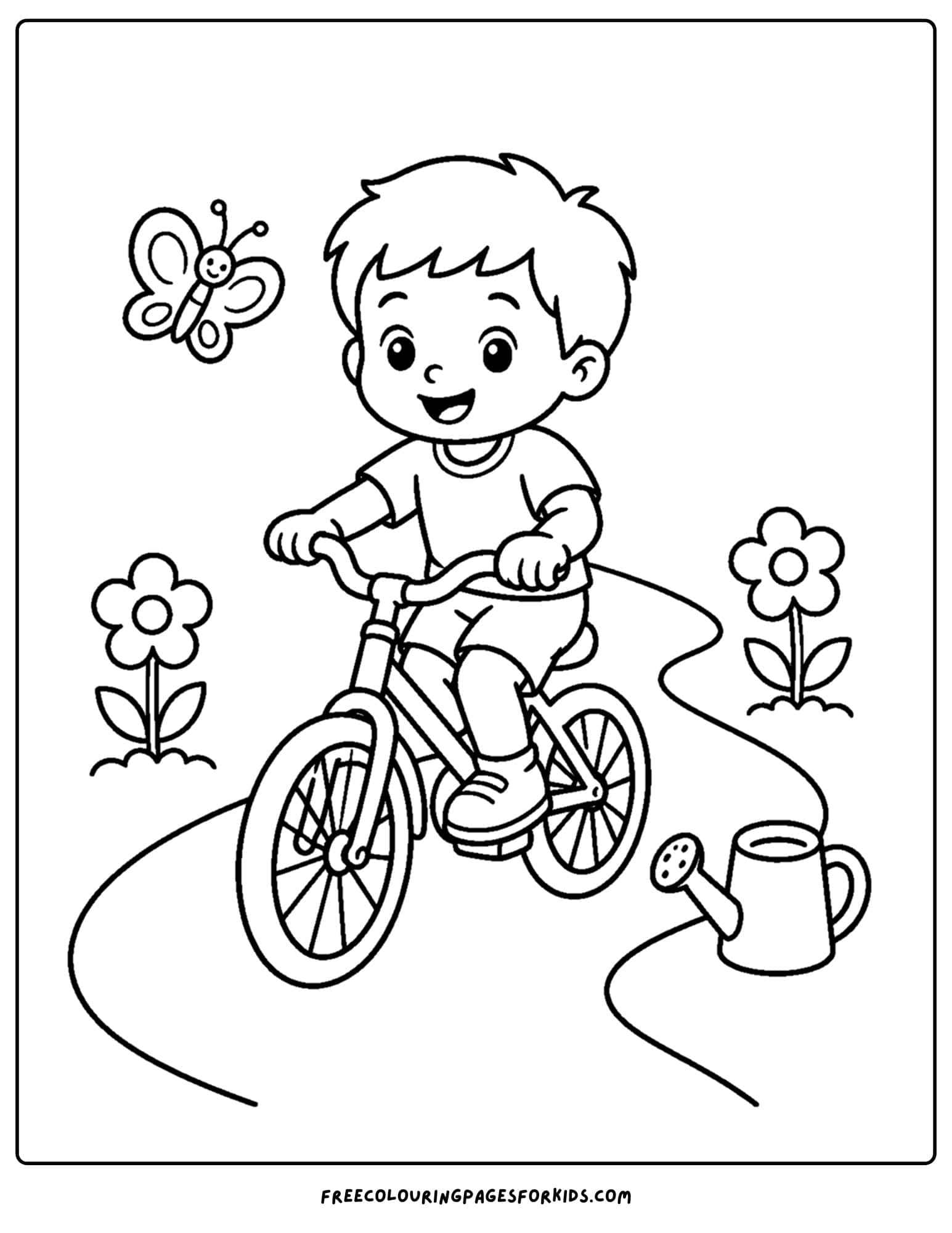 a bicycle coloring page showing a child riding down a path lined with flowers