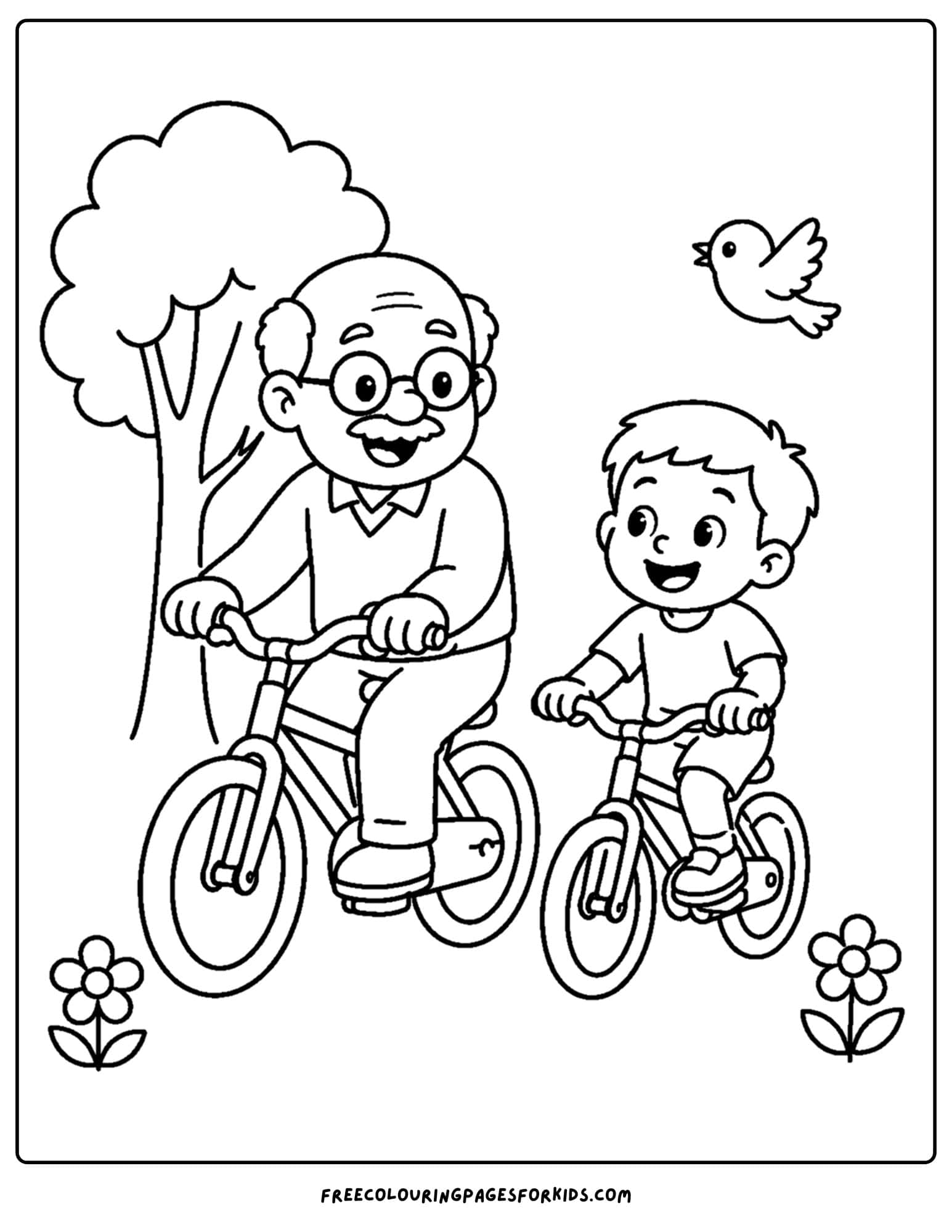 a bicycle coloring page showing a grandparent and grandchild riding together