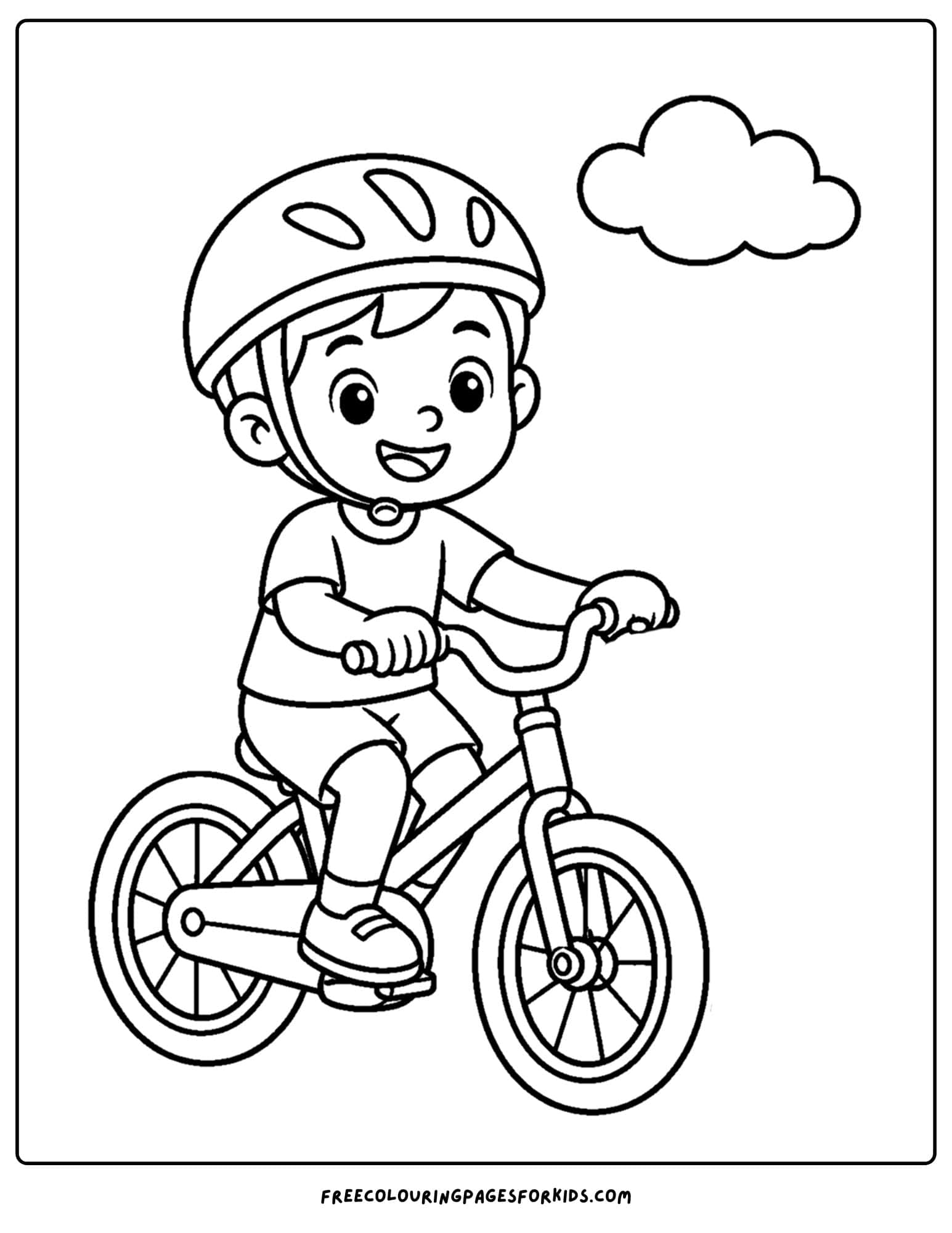 a bicycle coloring page showing a child riding along with their helmet on