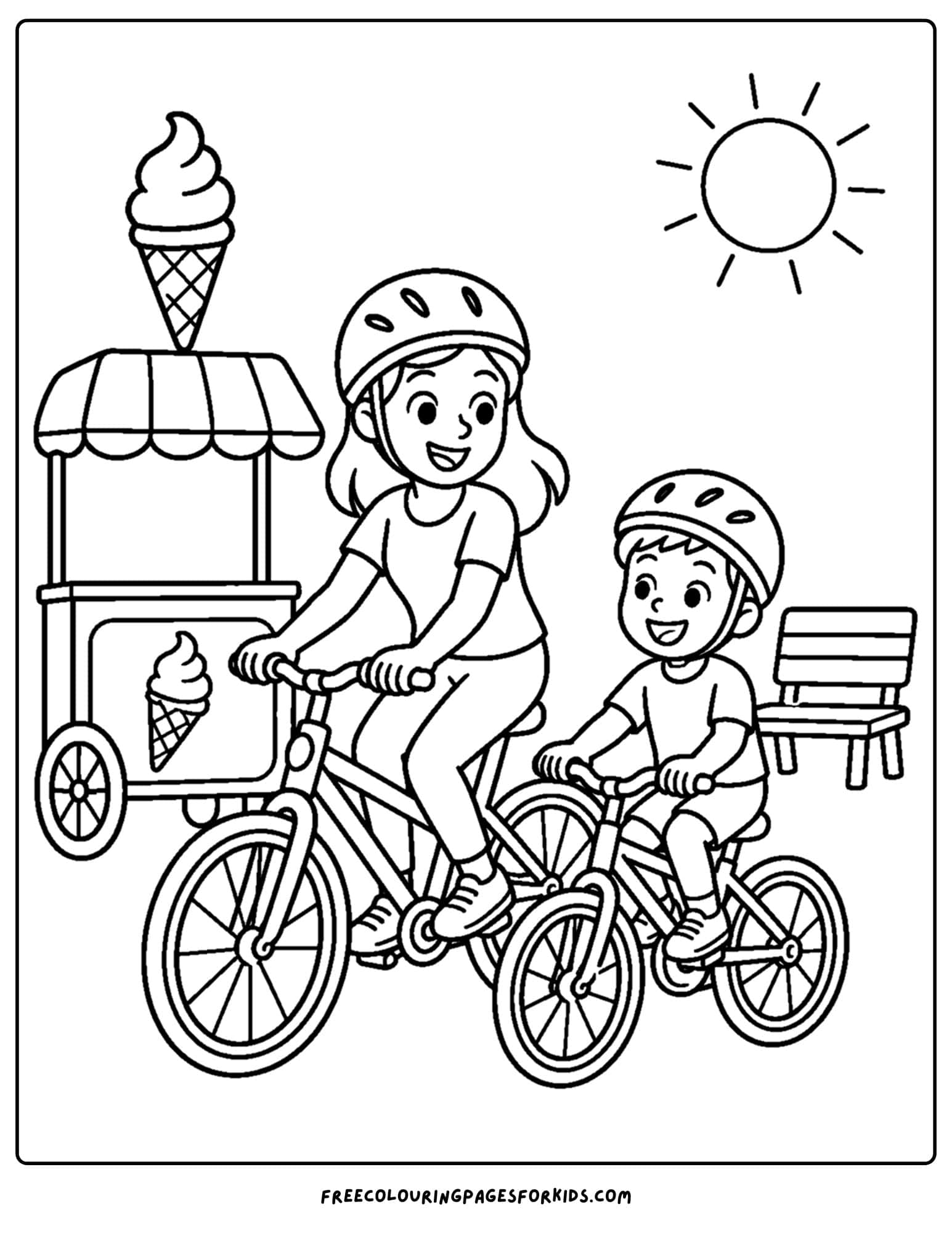 a bicycle coloring page showing a parent and child riding past an ice cream cart