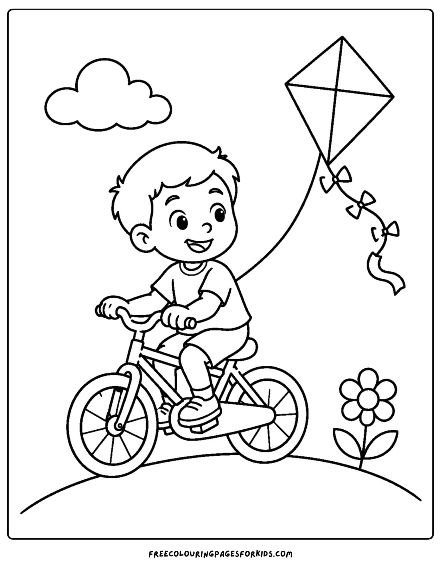 a bicycle coloring page showing a child riding their bike while holding a kite