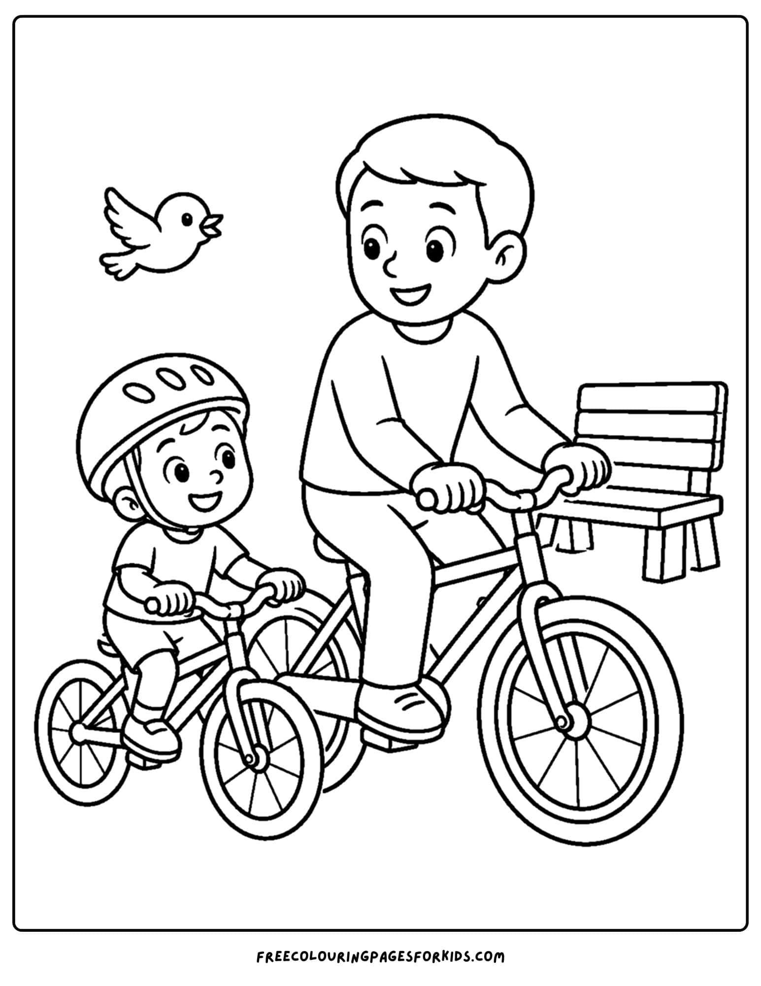 a bicycle coloring page showing a parent and child riding together in the park