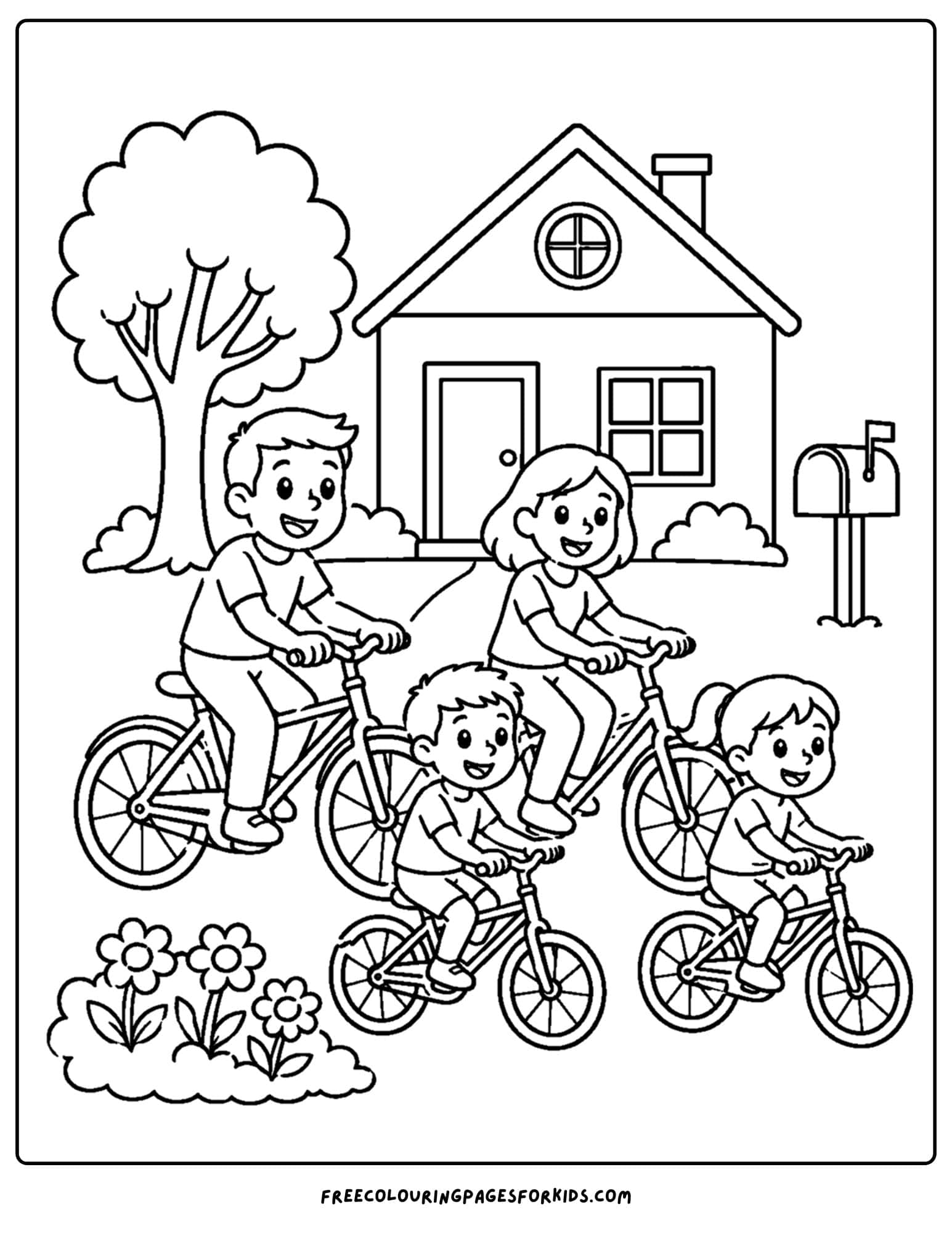 a bicycle coloring page showing a family going for a ride in their neighborhood
