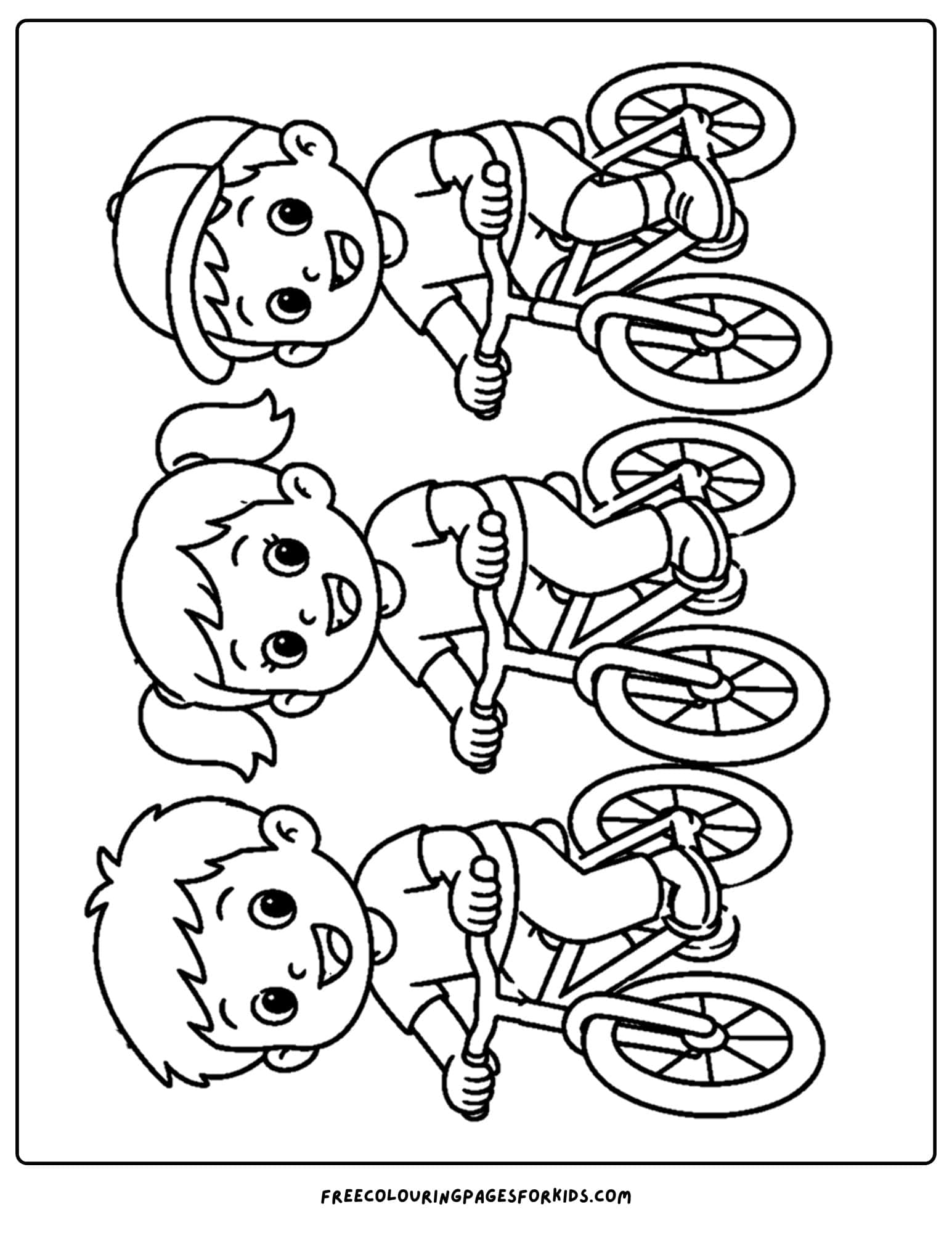 a bicycle coloring page showing three kids riding together