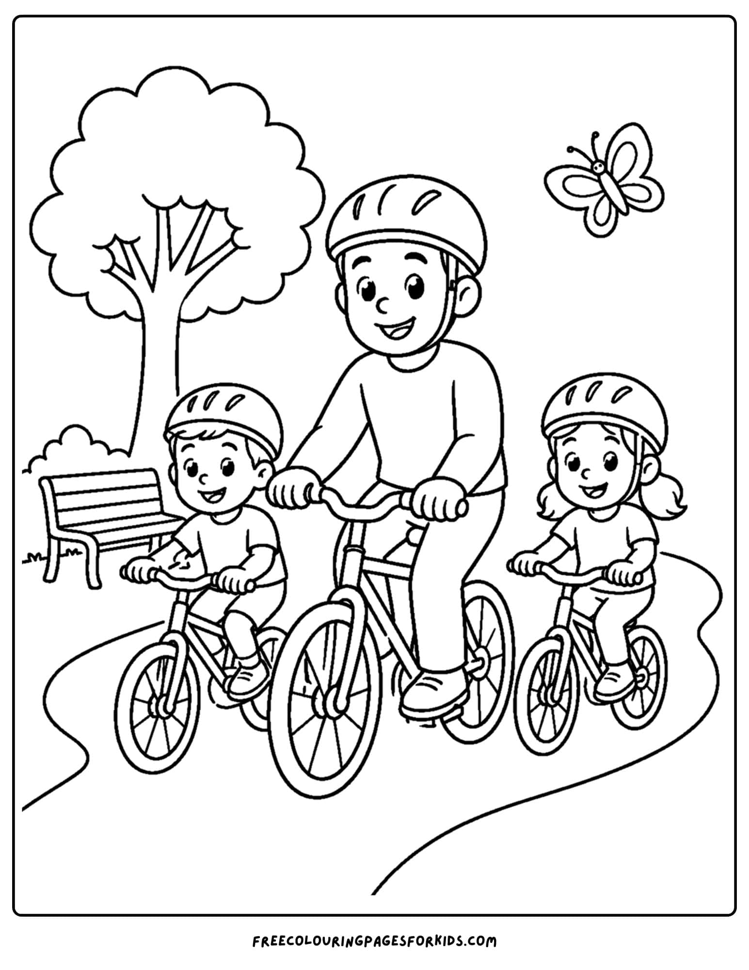a bicycle coloring page showing a family riding along a park path