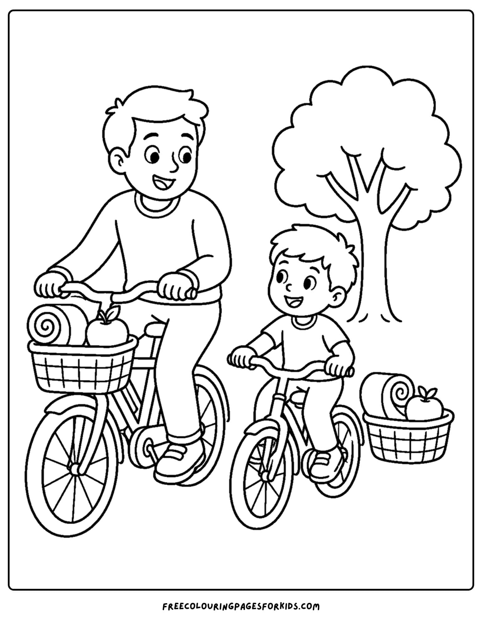 a bicycle coloring page showing a parent and child riding with a picnic setup
