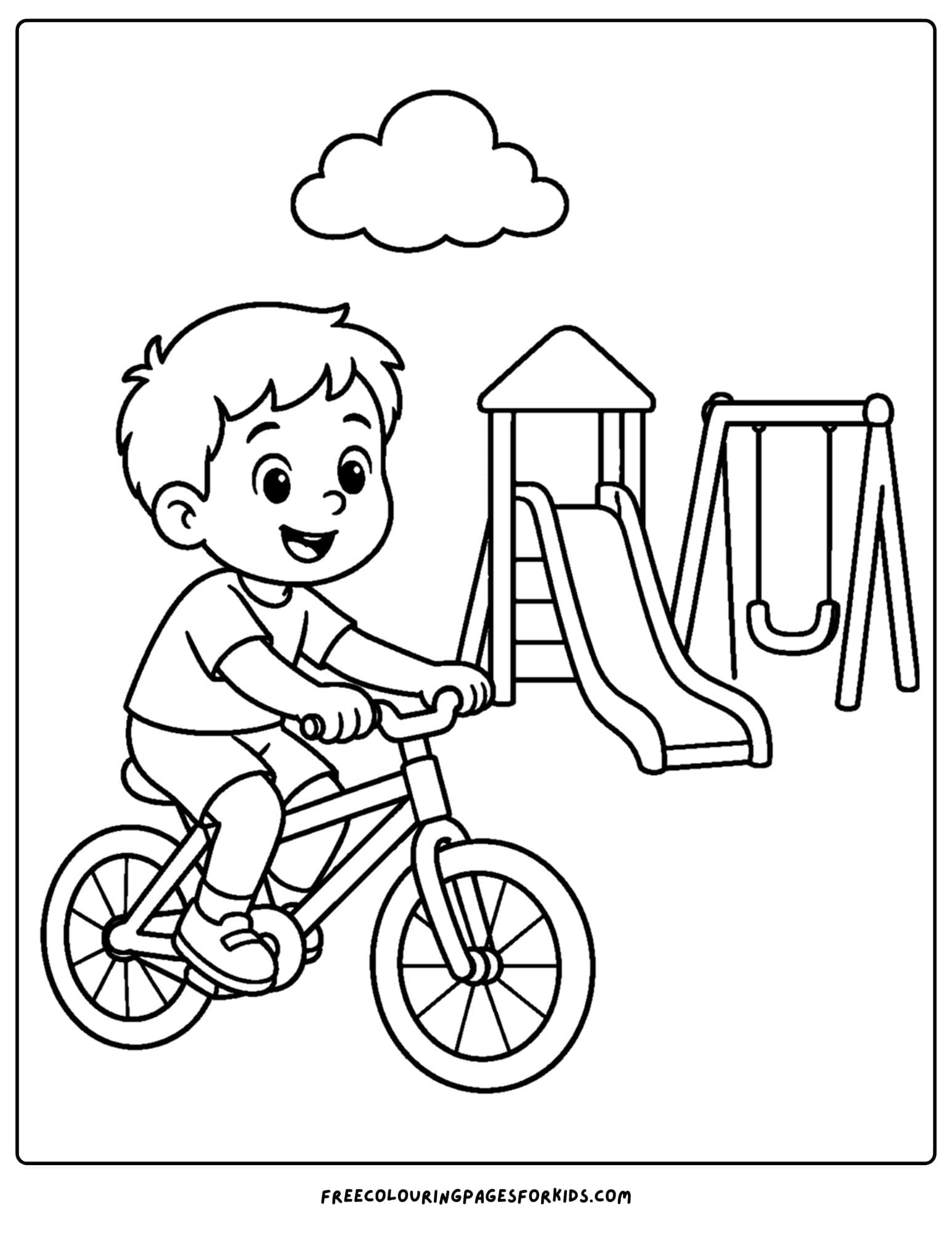a bicycle coloring page showing a child riding past a playground
