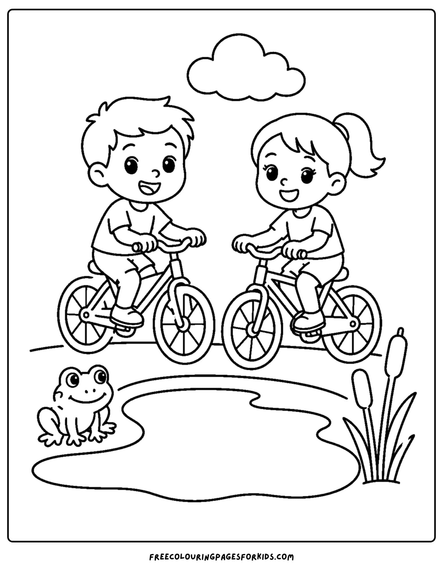 a bicycle coloring page showing kids riding past a pond