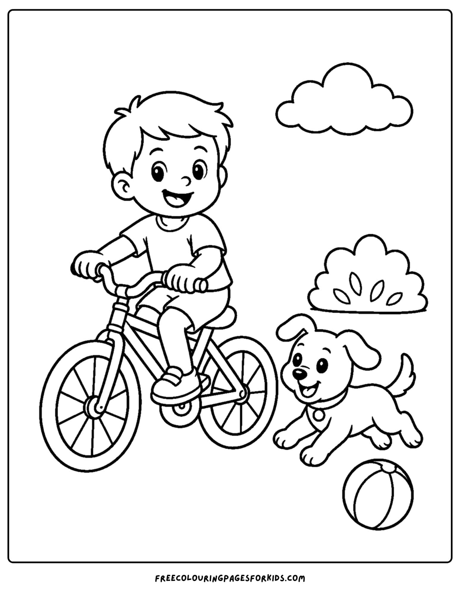 a bicycle coloring page showing a child riding their bike with their pet dog running beside them