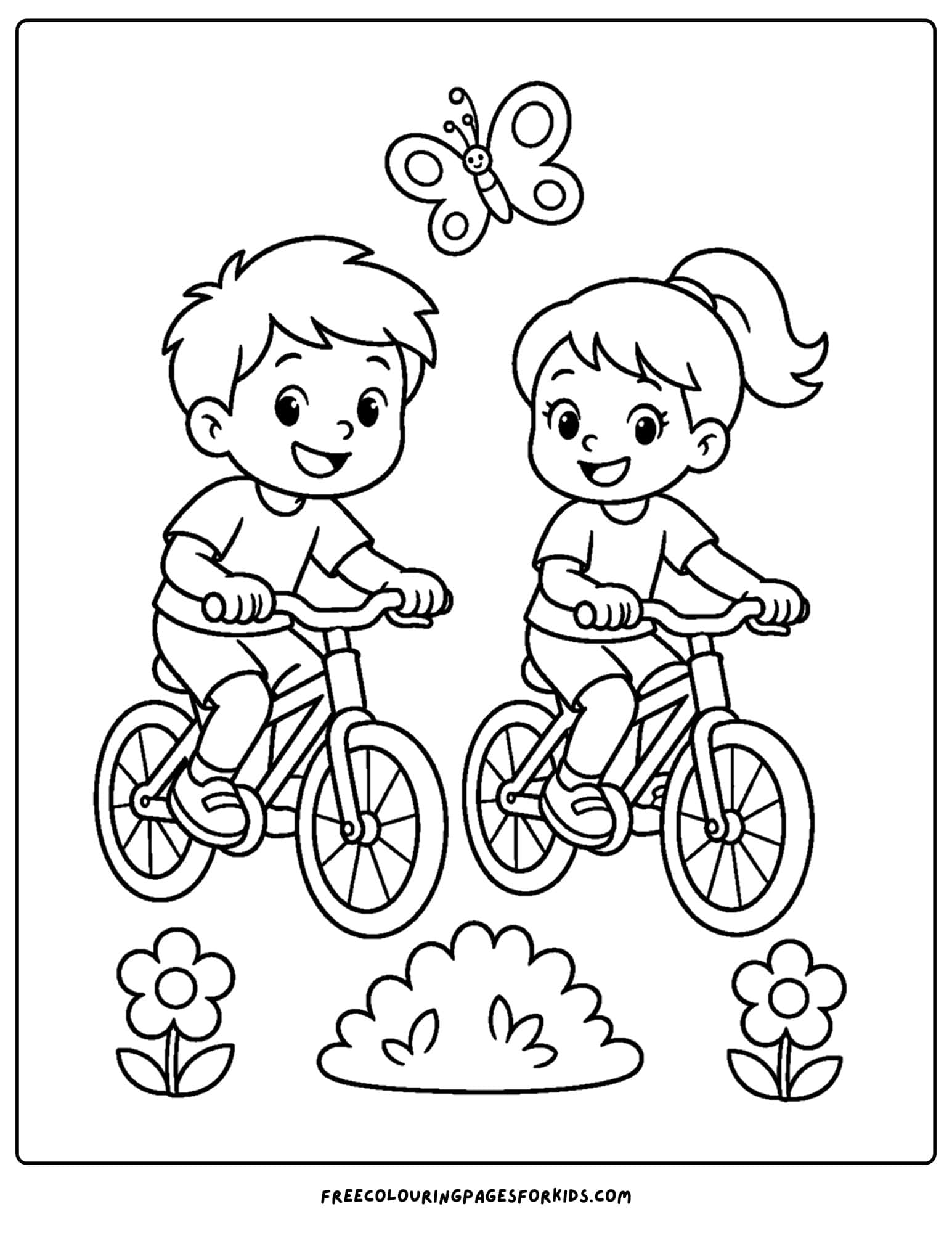 a bicycle coloring page showing two kids riding together