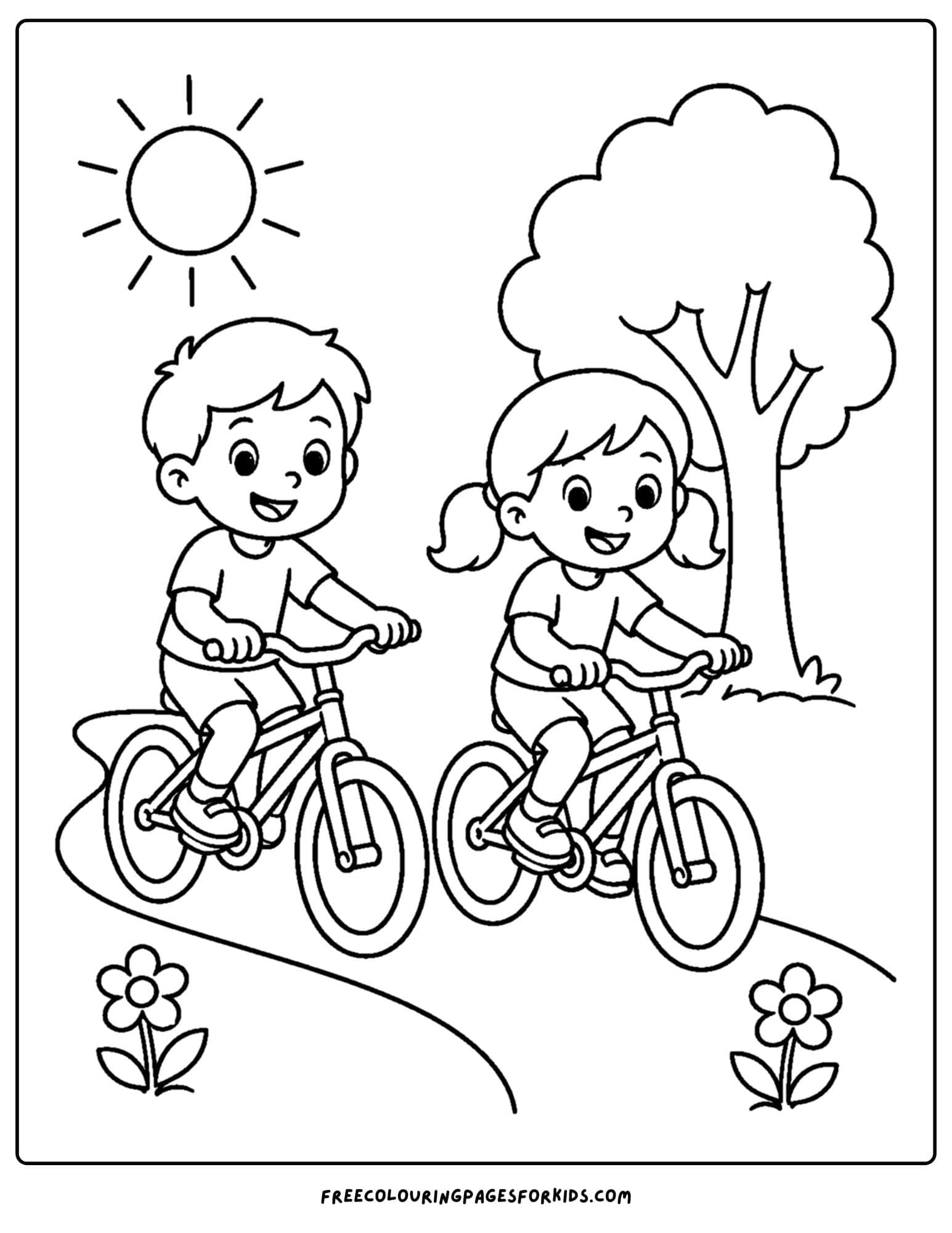 a bicycle coloring page showing two kids riding their bikes along a trail
