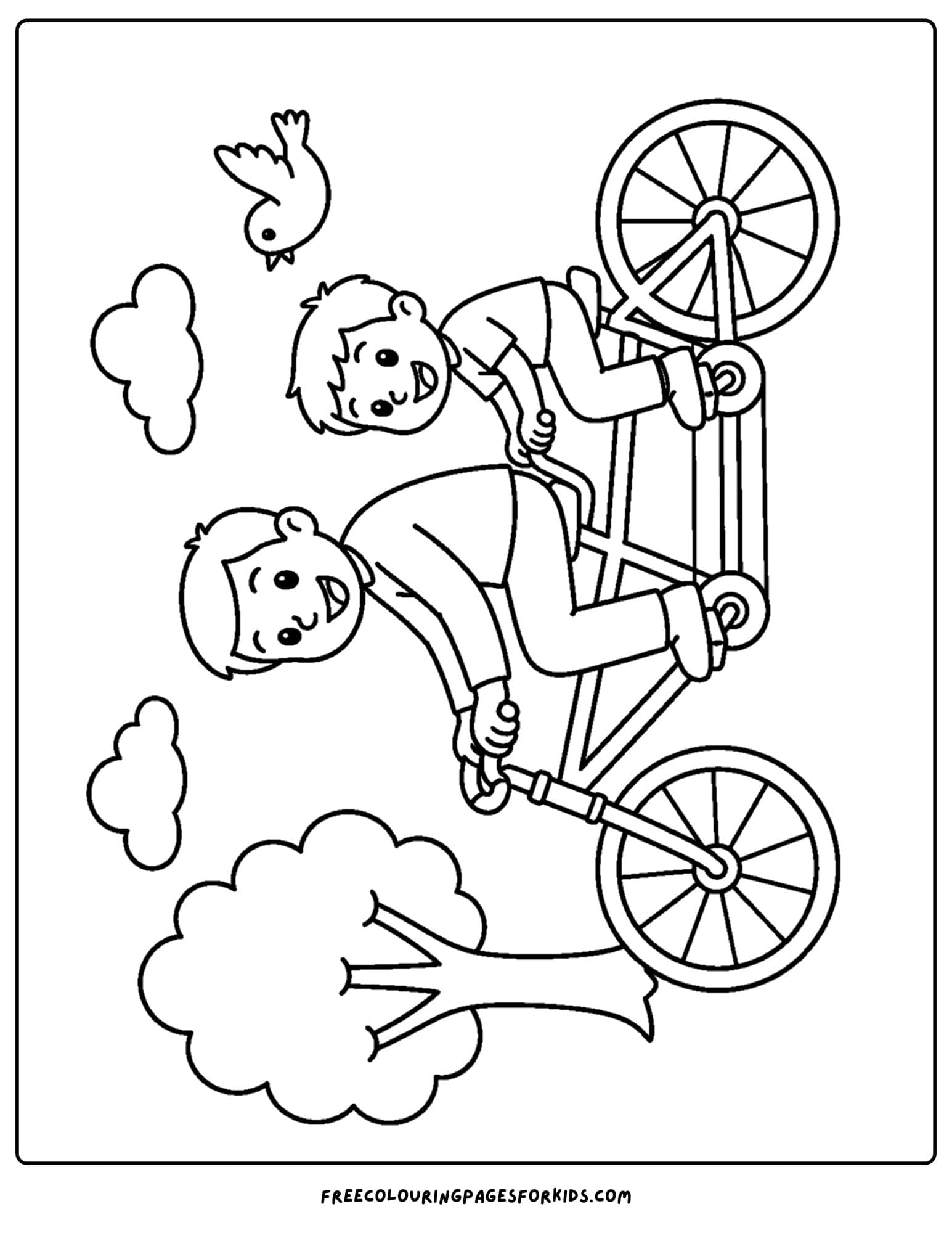 a bicycle coloring page showing a child and parent riding a tandem bike