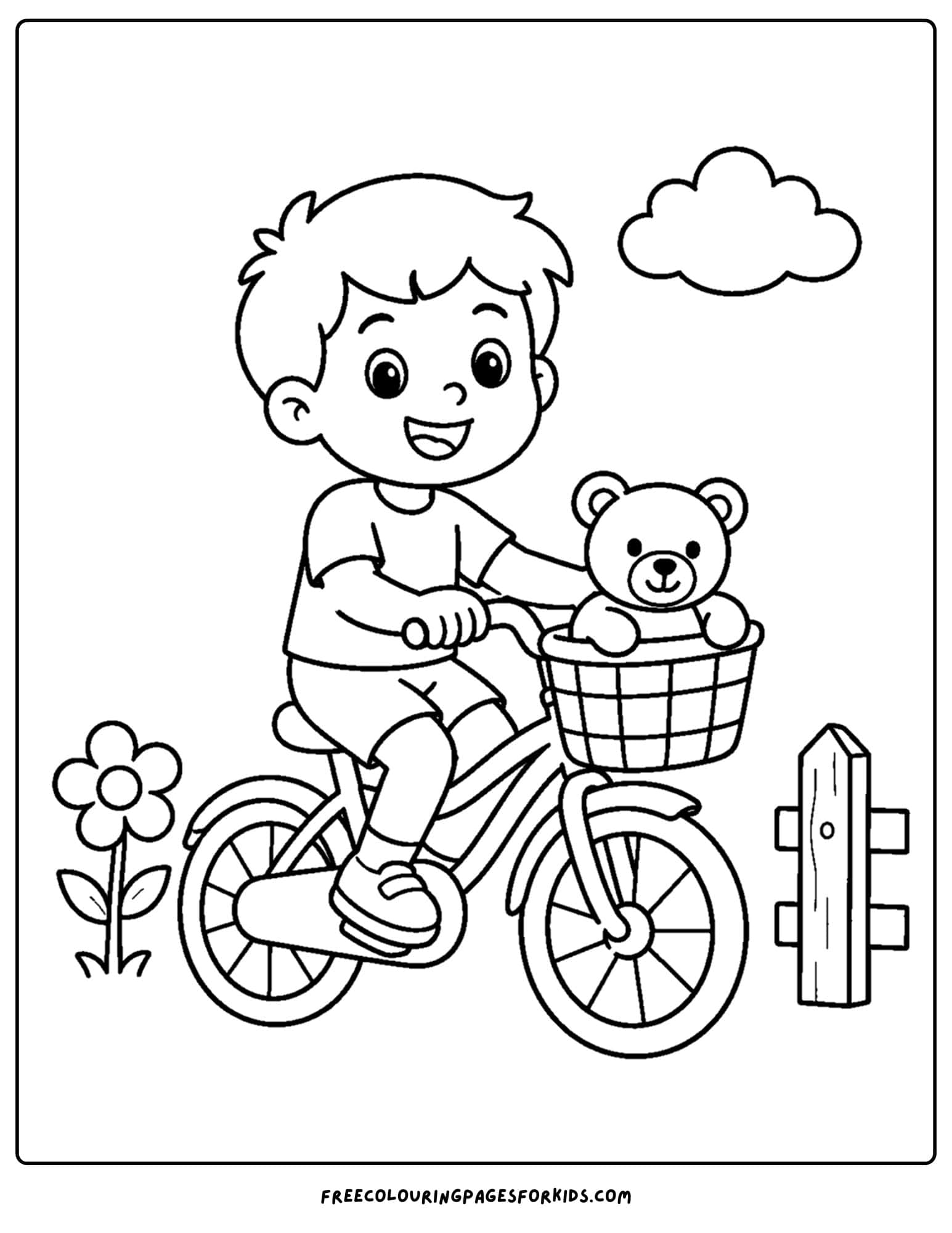 a bicycle coloring page showing a child riding a bike with their teddy bear in the front basket
