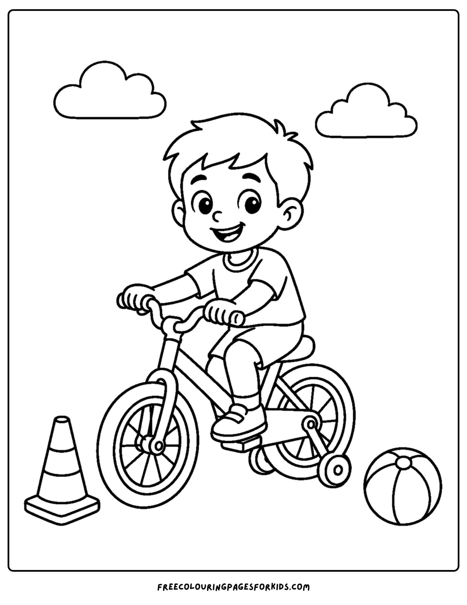 a bicycle coloring page showing a child learning to ride a bike with training wheels