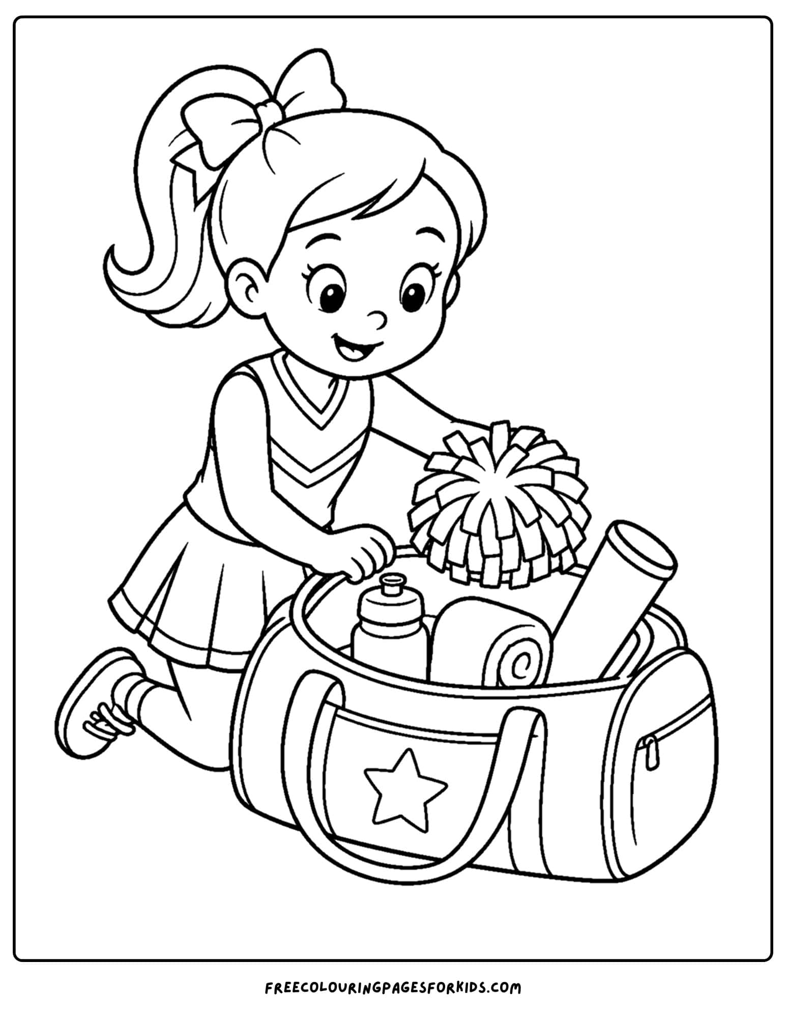 a coloring page of a cheerleader packing their gear bag