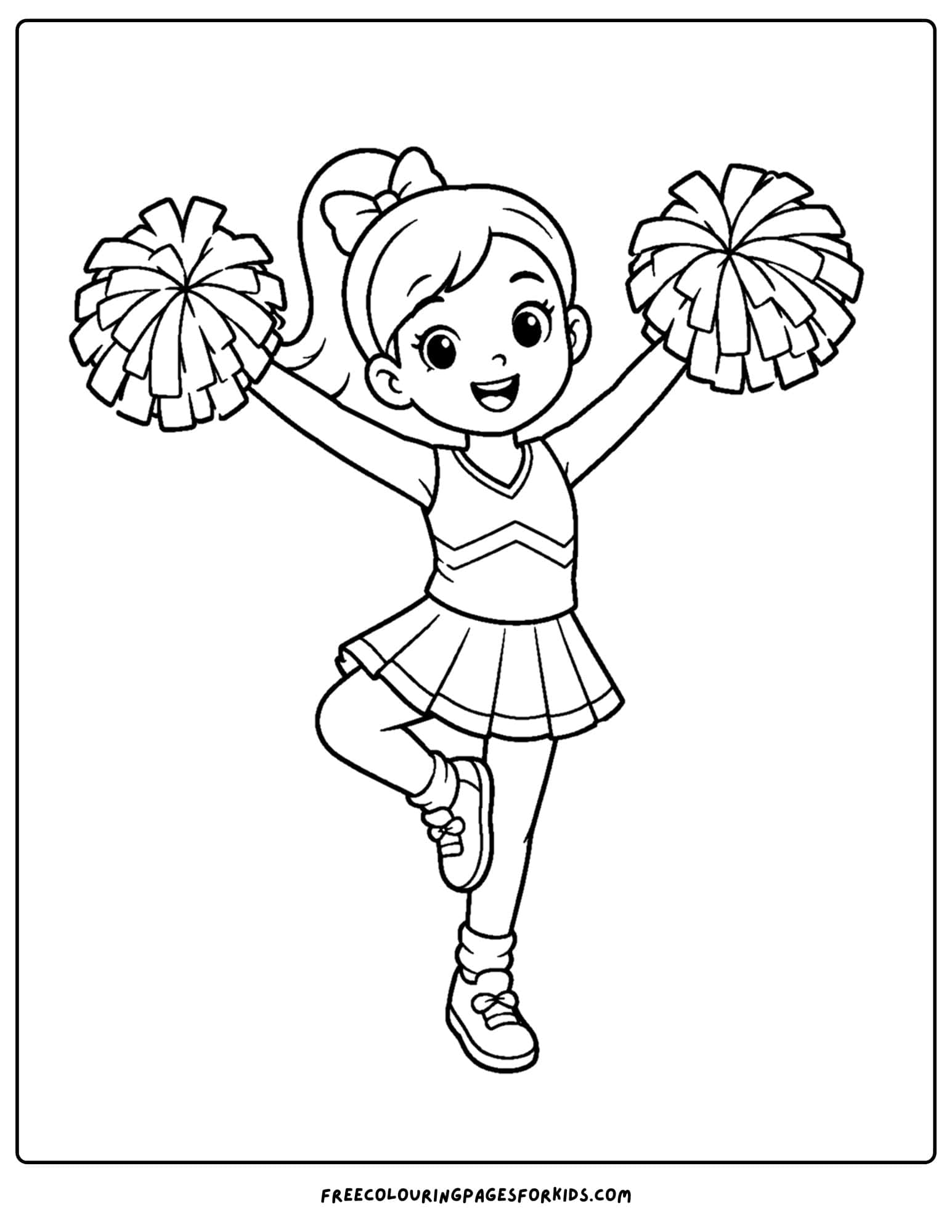 a coloring page of a cheerleader balancing on one foot posing