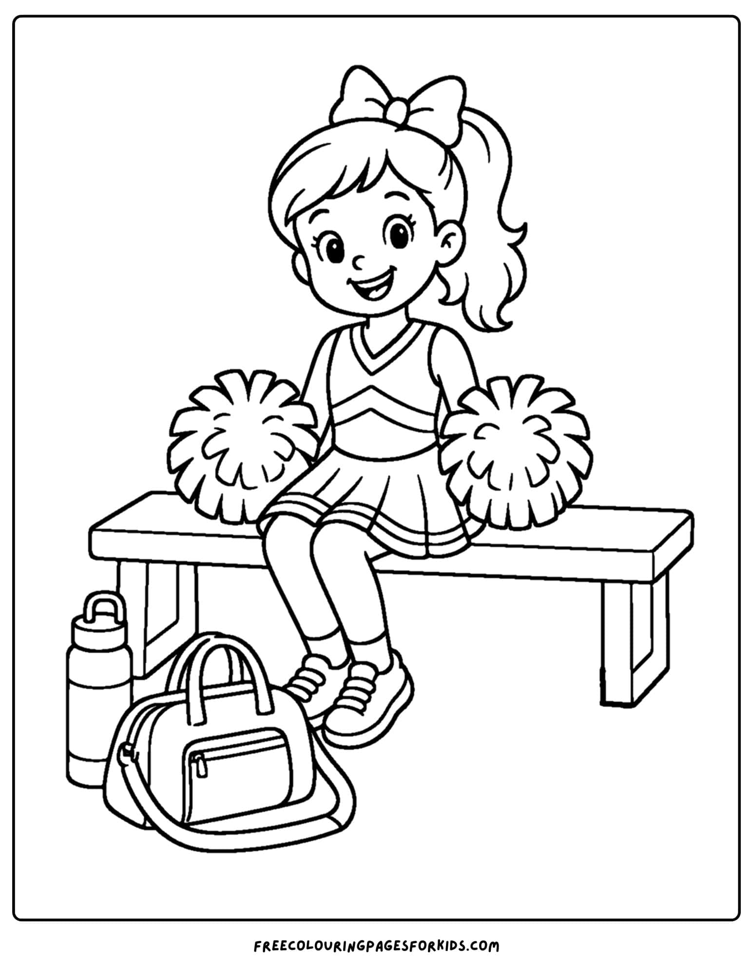a coloring page of a cheerleader sitting on a bench seat