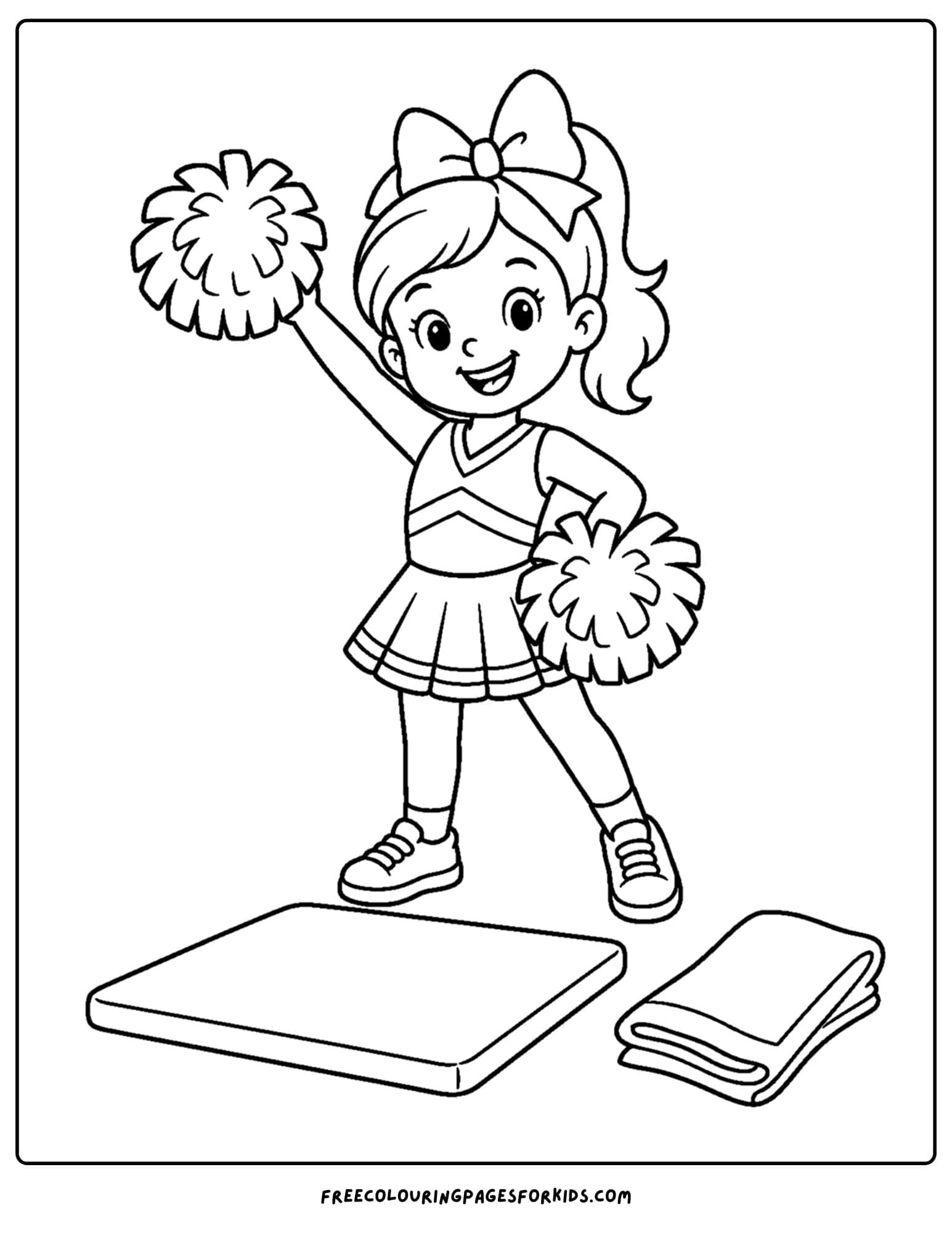 a coloring page of a cheerleader posing with pom poms