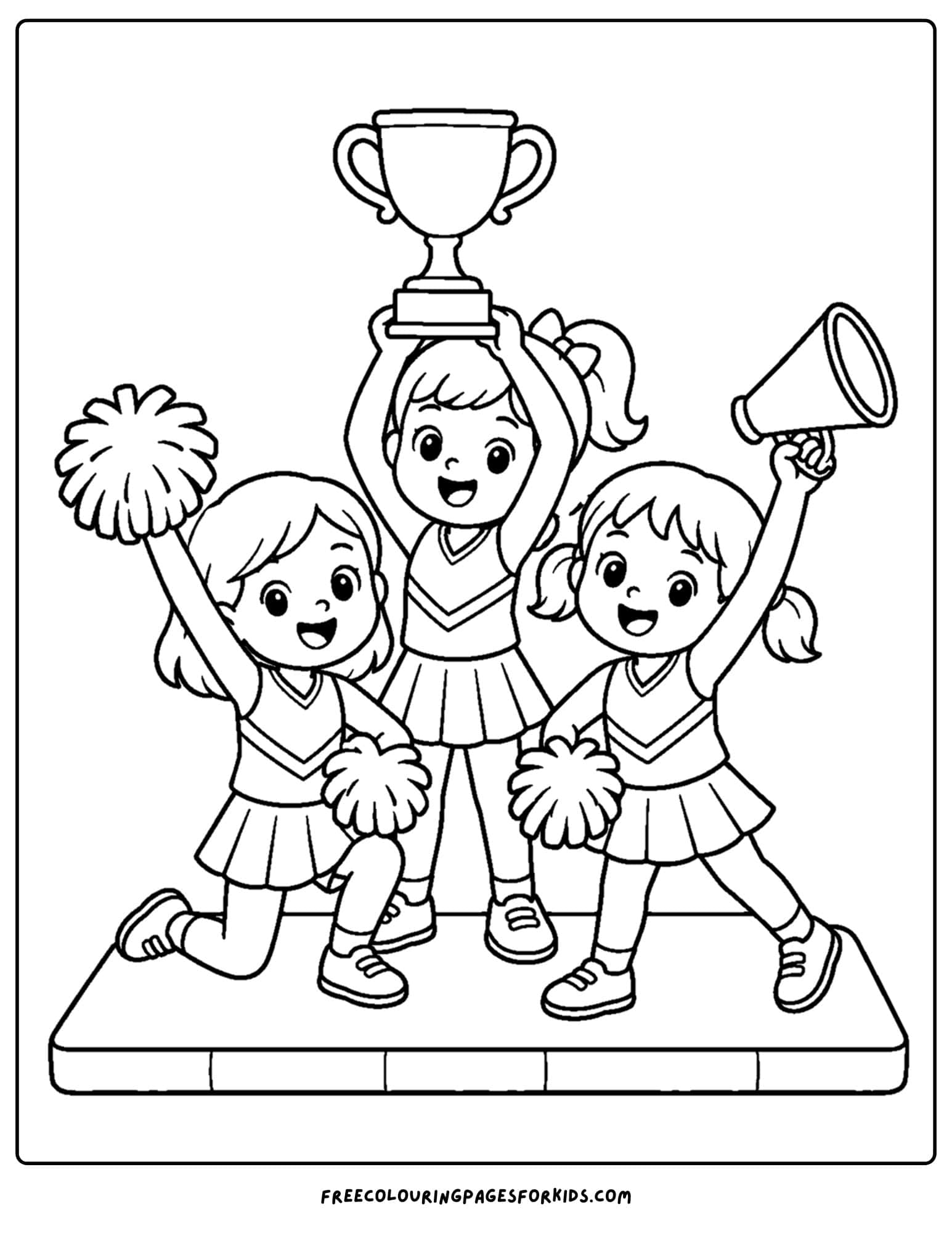a coloring page of a cheerleader team celebrating with a trophy