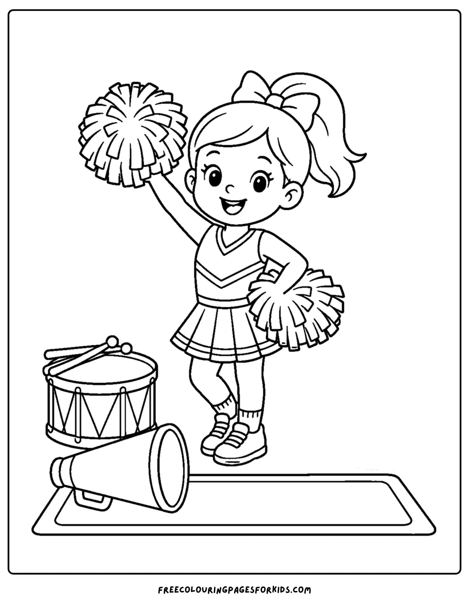 a coloring page of a cheerleader posing next to a drum