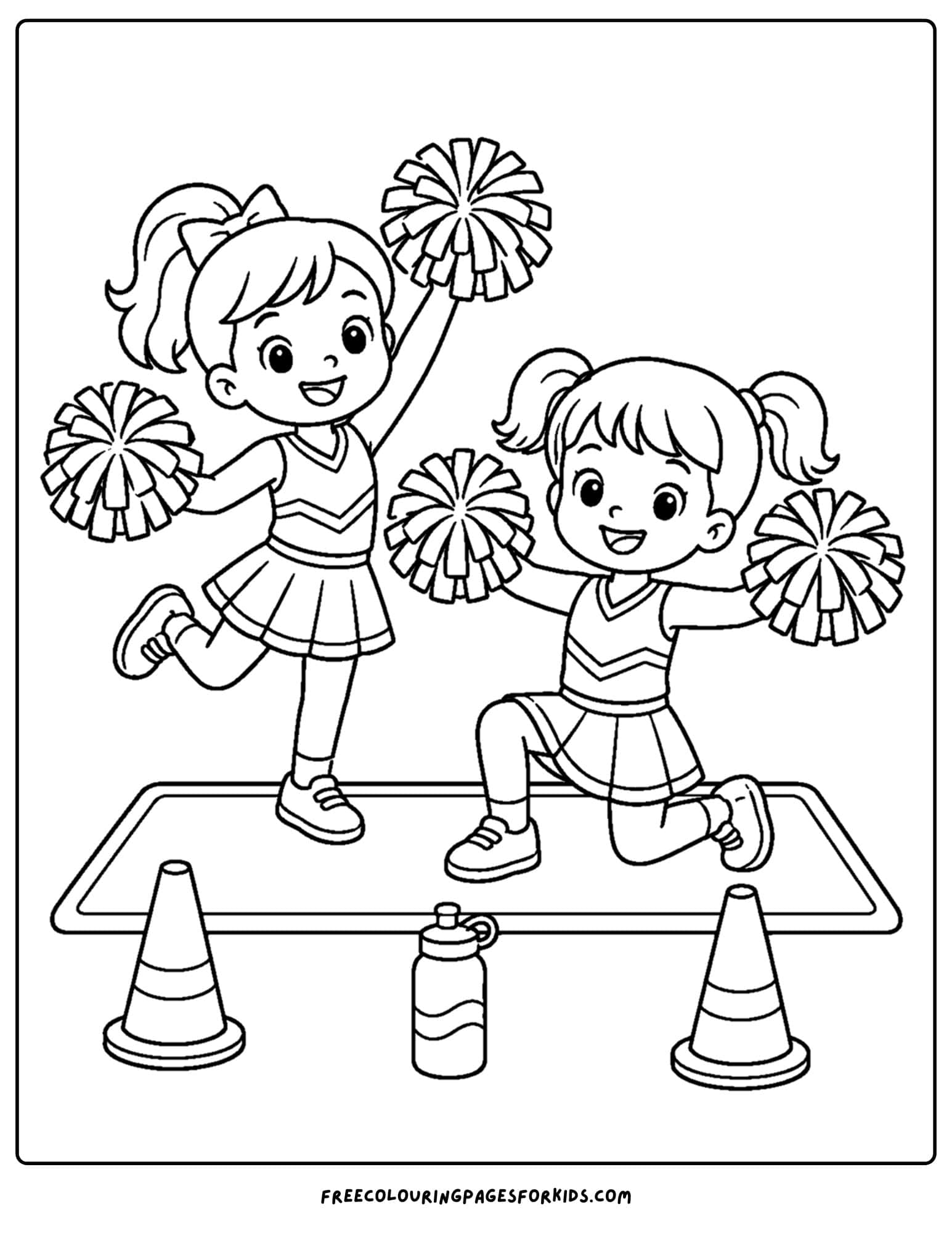 a coloring page of a cheerleader and friend doing a routine