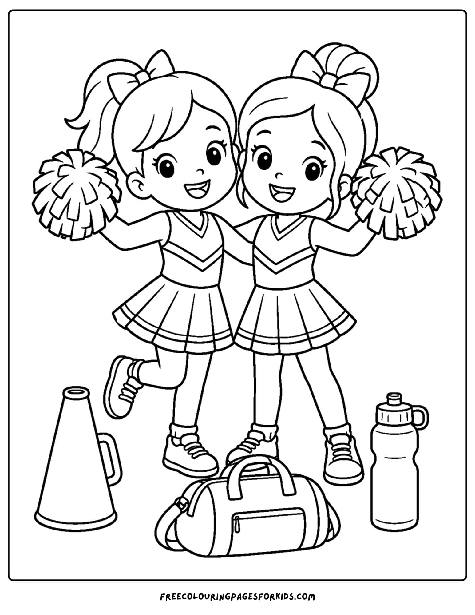 a coloring page of a cheerleader and their friend smiling together