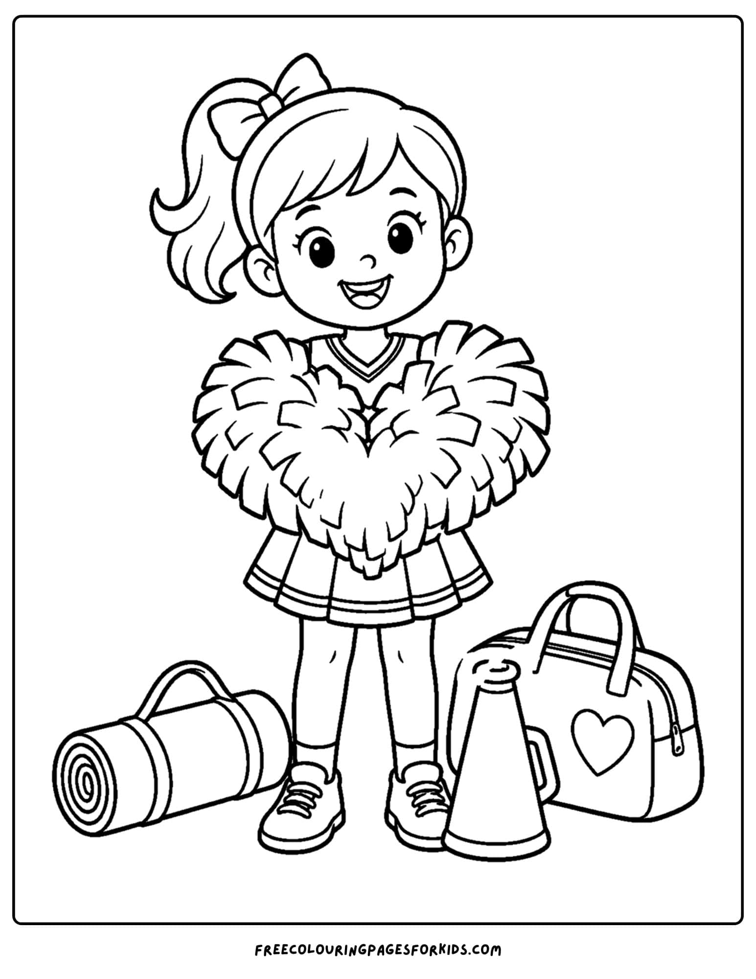 a coloring page of a cheerleader holding heart shaped pom poms