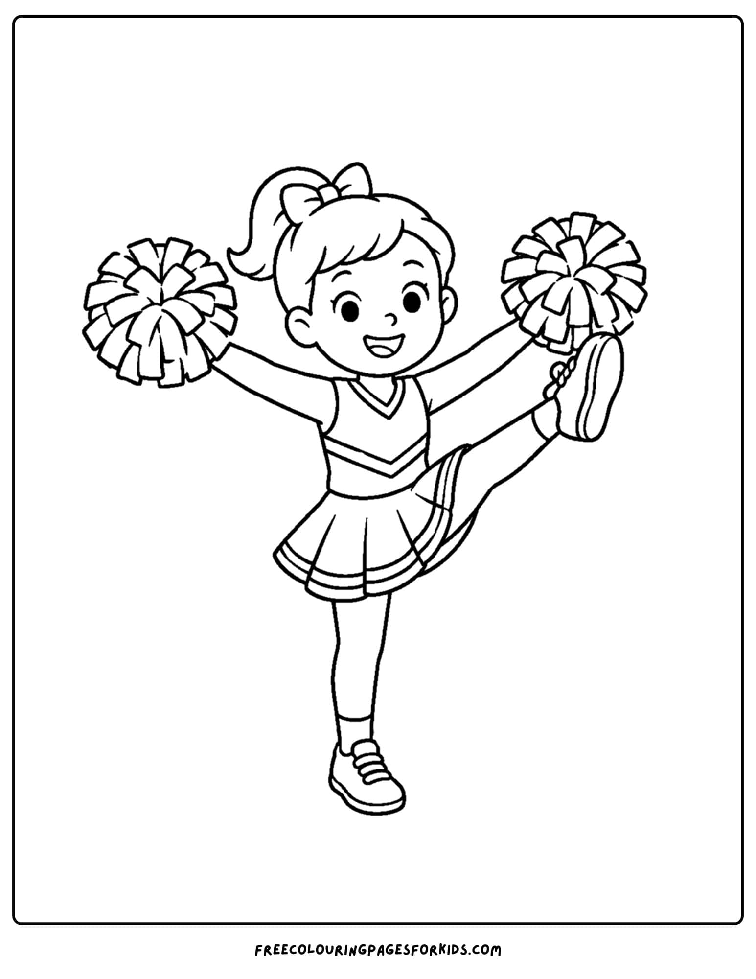 a coloring page of a cheerleader doing a high kick