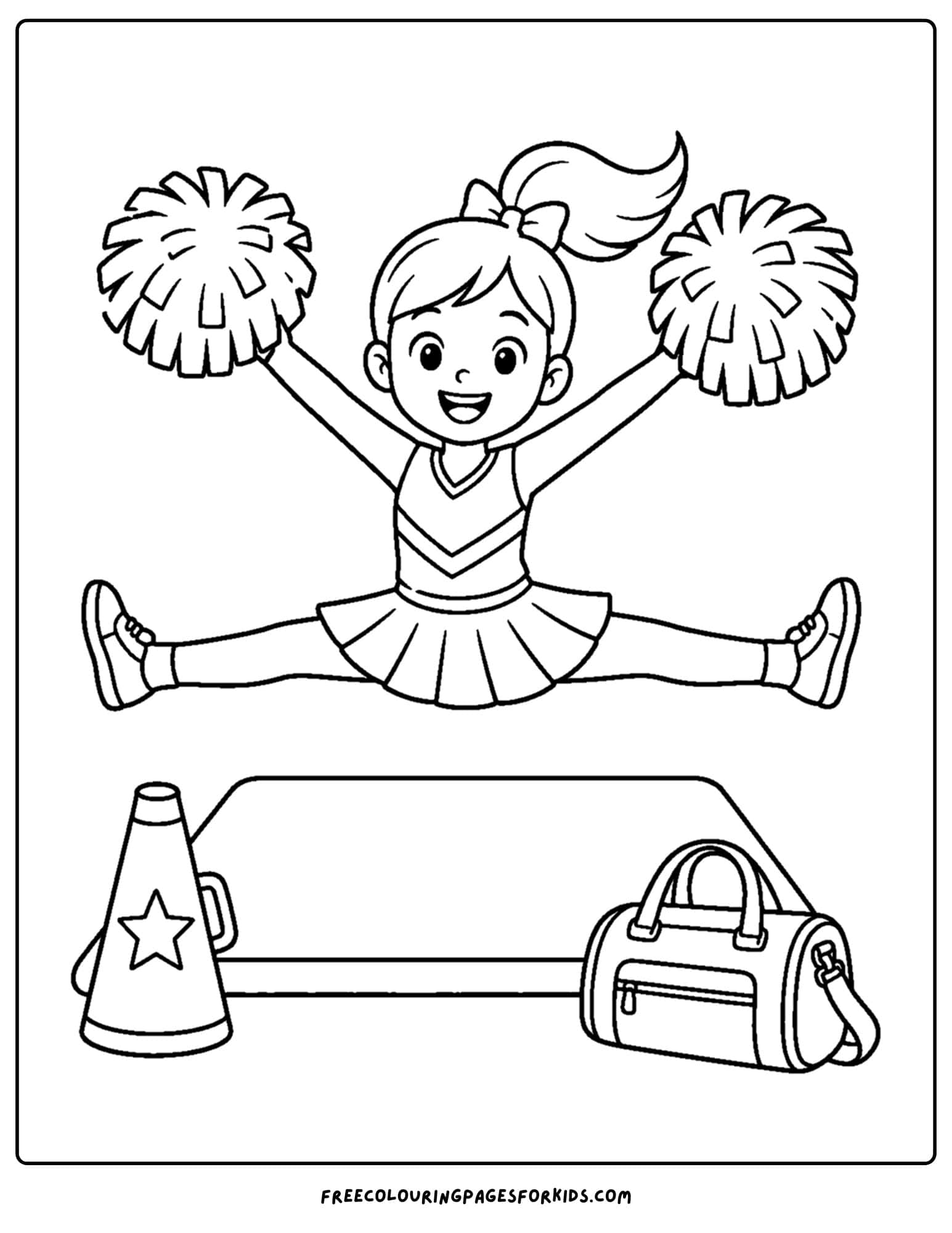 a coloring page of a cheerleader jumping and doing the splits in the air