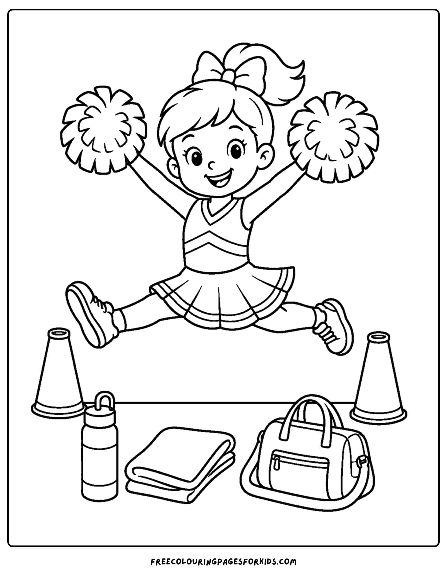 a coloring page of a cheerleader leaping and posing in the air