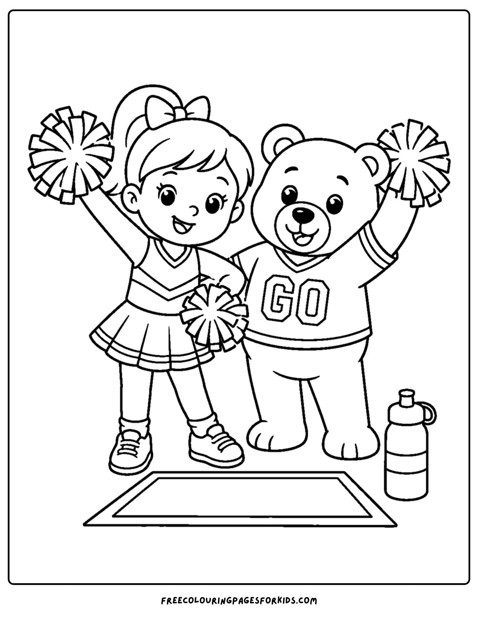 a coloring page of a cheerleader standing with a mascot